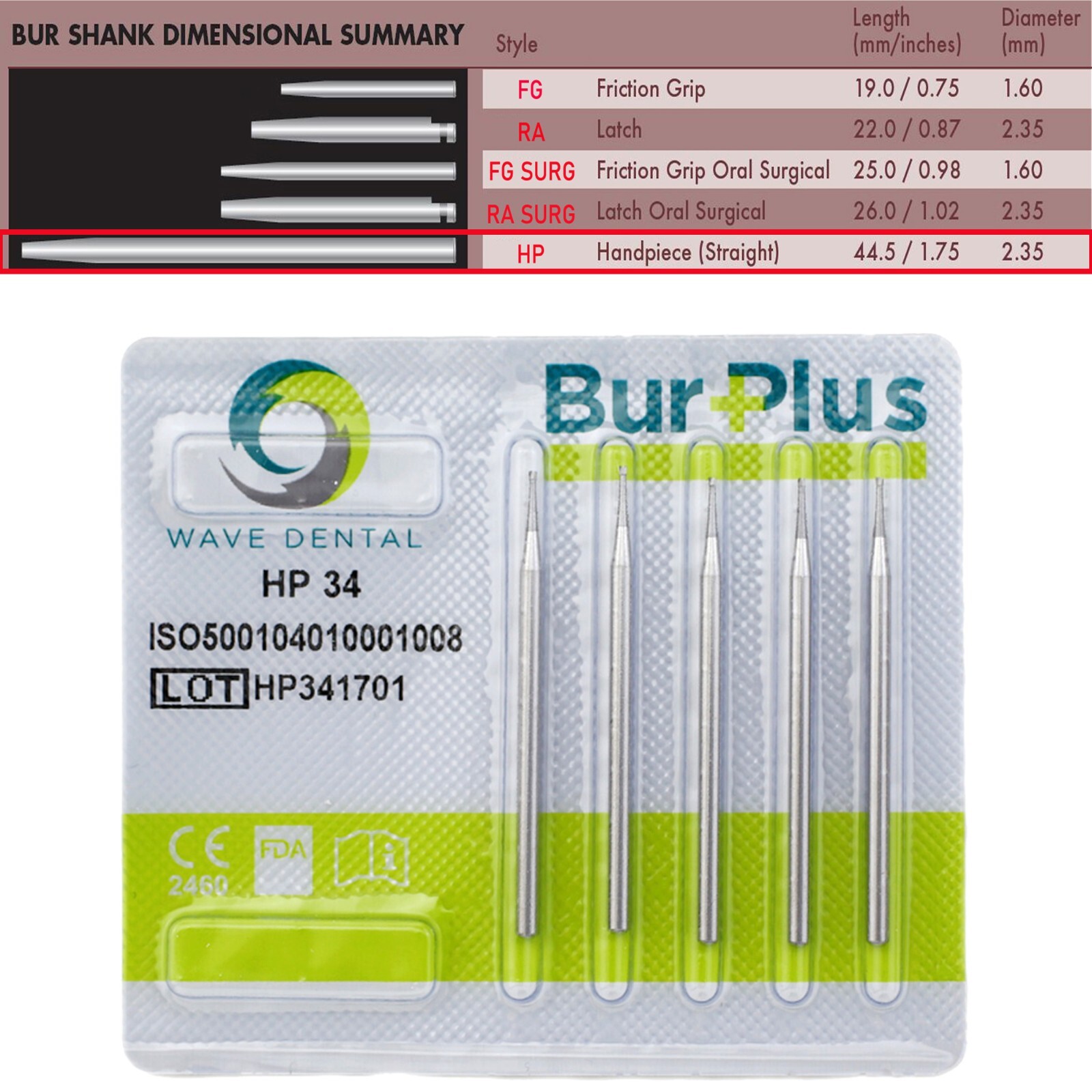 WAVE Dental Carbide Burs Straight Handpiece Bur HP 34 35 37 Inverted Cone 44.5mm