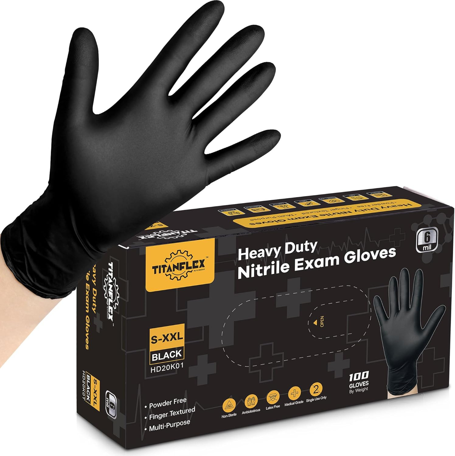 Titanflex Disposable Nitrile Exam Gloves, 6-Mil, Black, Heavy Duty, Latex Free,