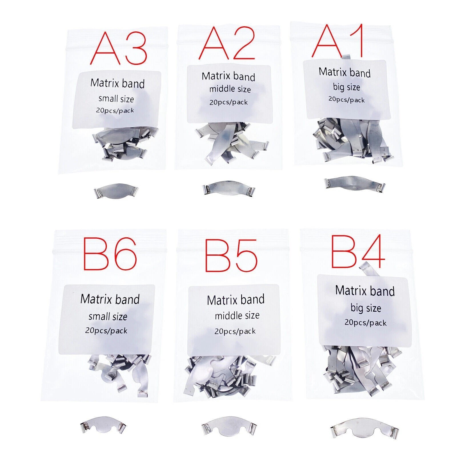20 Pcs/Pack Dental Saddle Matrix Band Contoured 6 Sizes Opt Metal Ledge Matrices
