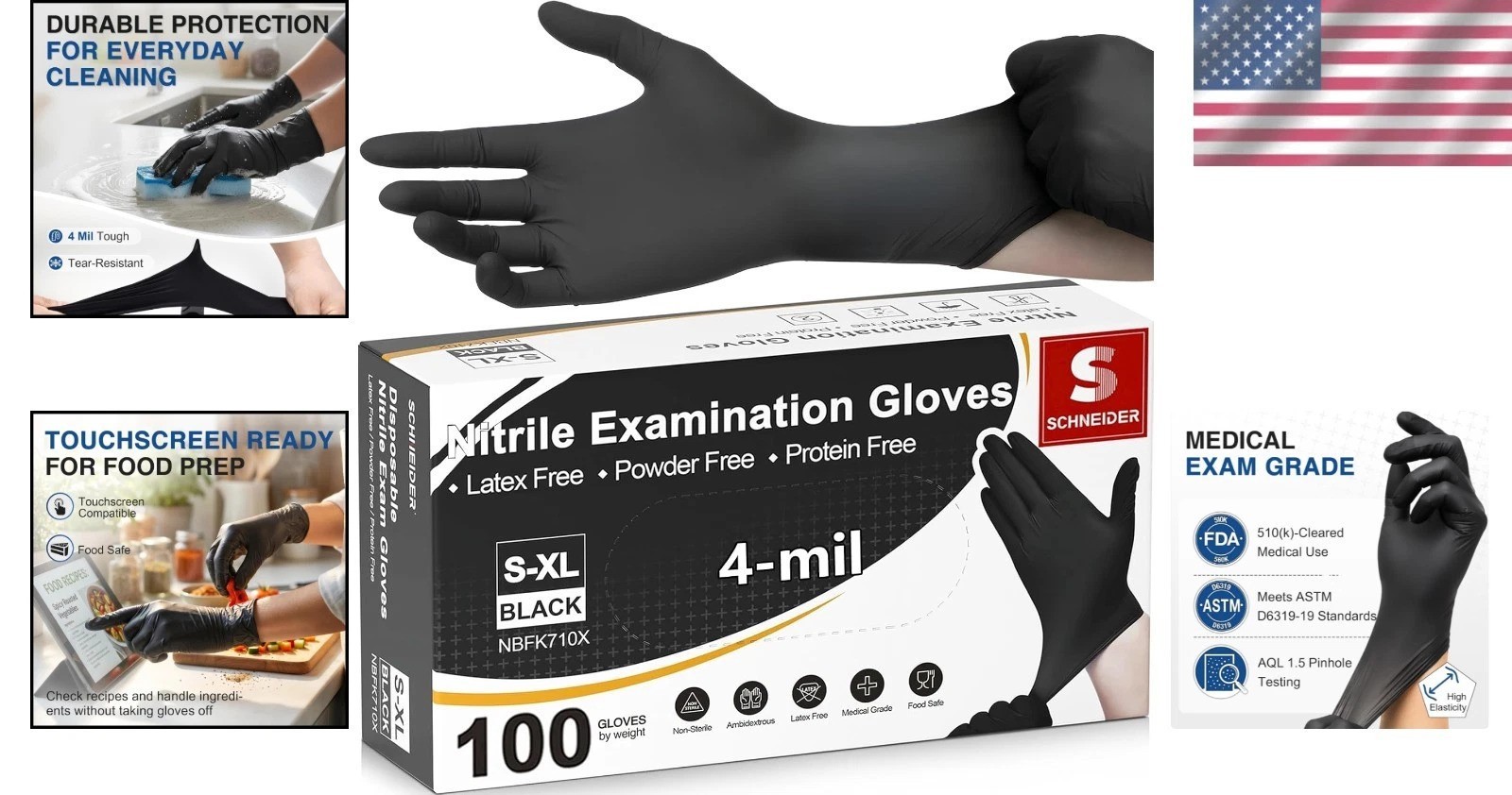 Durable 4 Mil Black Nitrile Exam Gloves – Elastic Fit & Textured Grip, 100 Count