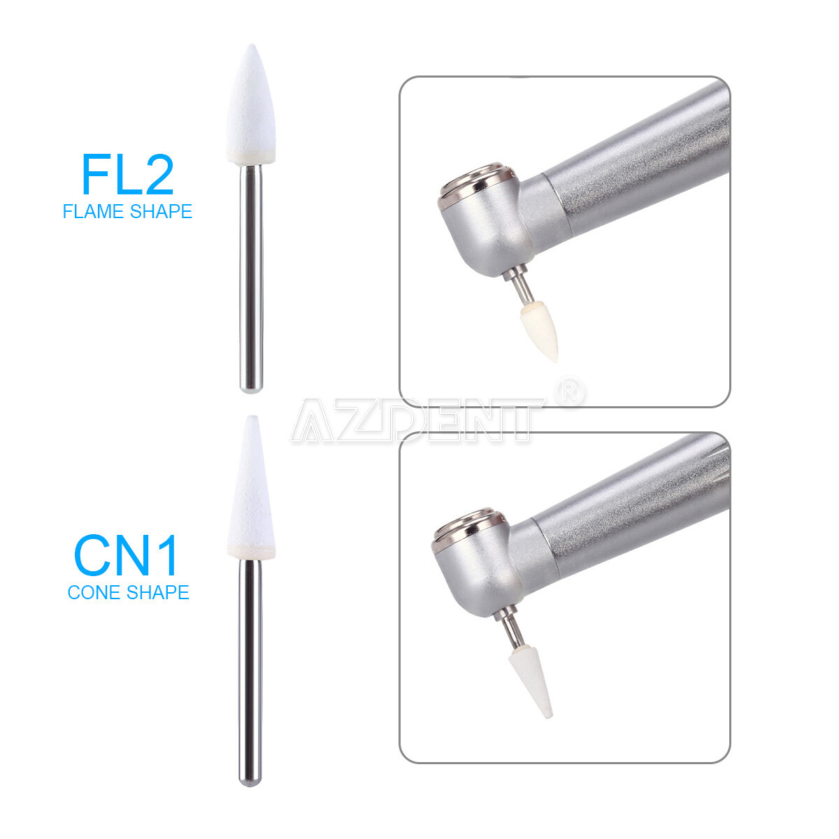 AZDENT Dental Flame/Cone/Round White Stone Polishing FG Burs Aluminum Oxide Bur