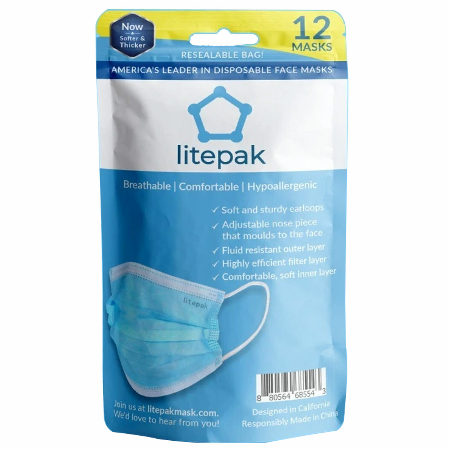 2400ct Litepak Disposable 3 Ply Blue Face Mask Hangable Bag Bulk Lot Wholesale
