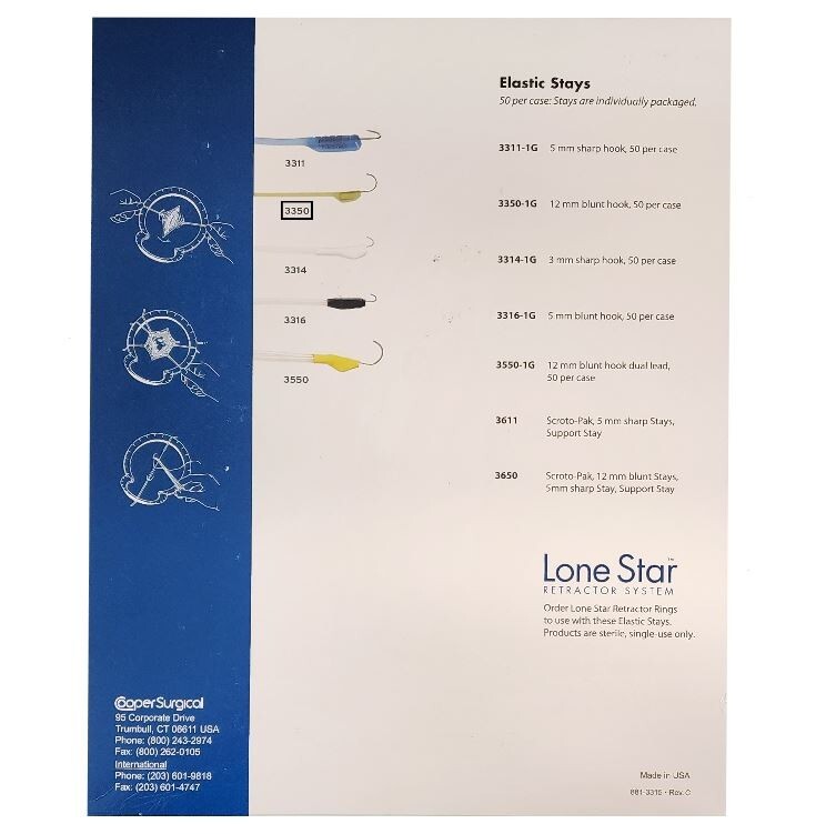*50-Pieces* CooperSurgical Lone Star Elastic Stays 12mm Blunt Hook 3350-1G