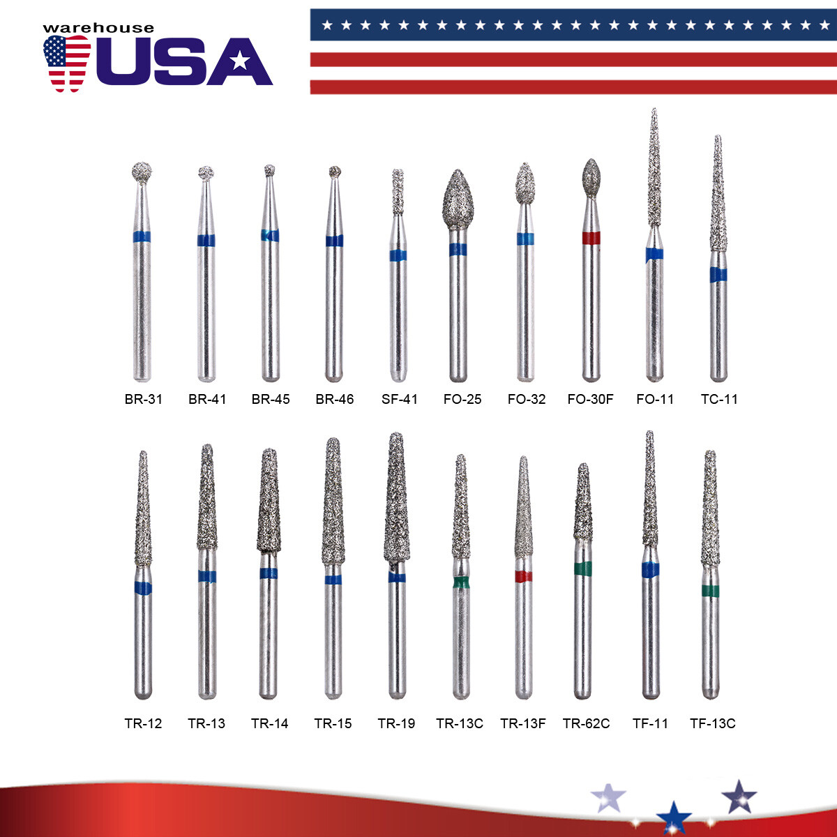 20 Types AZDENT Dental Diamond Burs For High Speed Handpiece Friction Grip 1.6mm