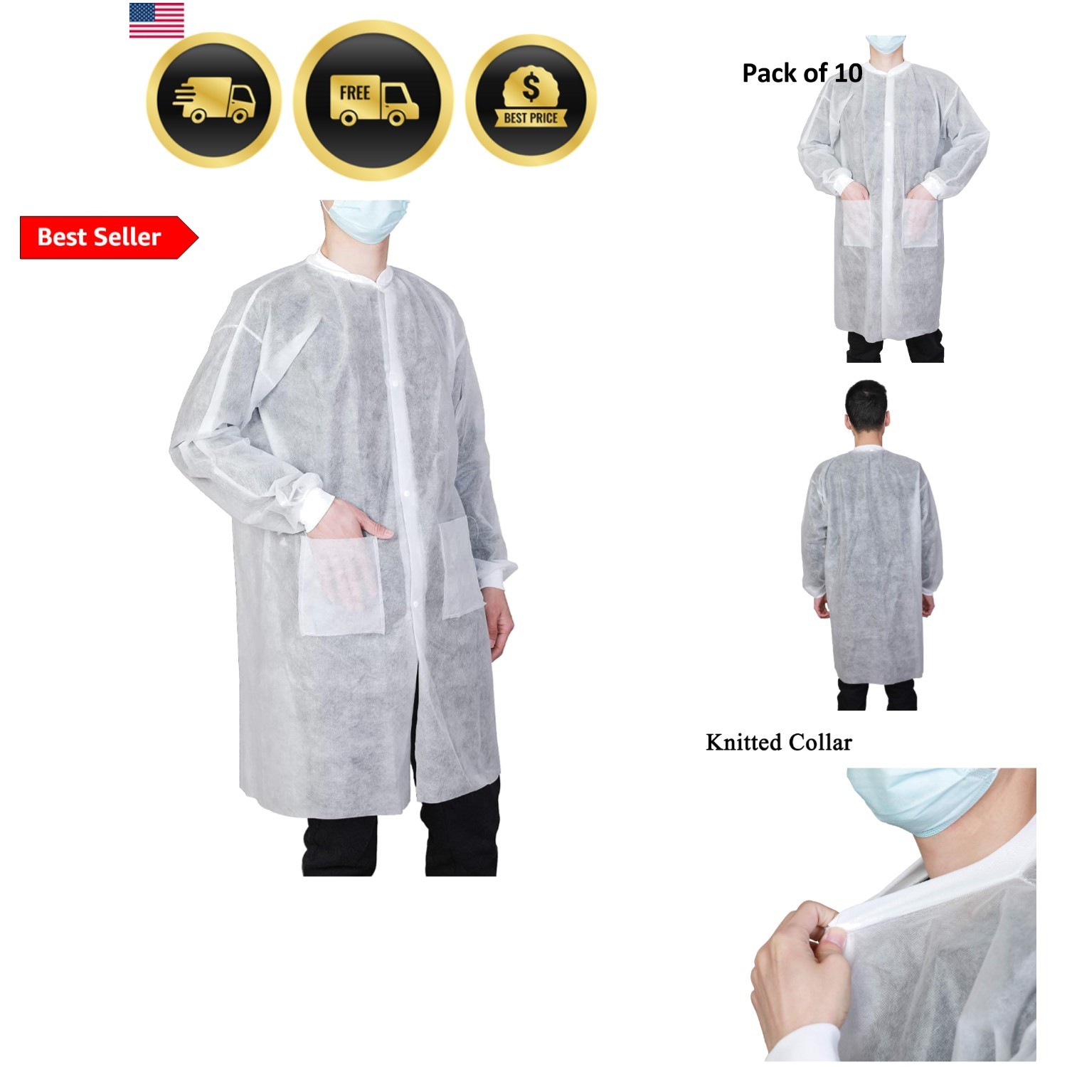 10-Pack Disposable Lab Coats for Adults, Knee Length with 2 Pockets, Knitted …