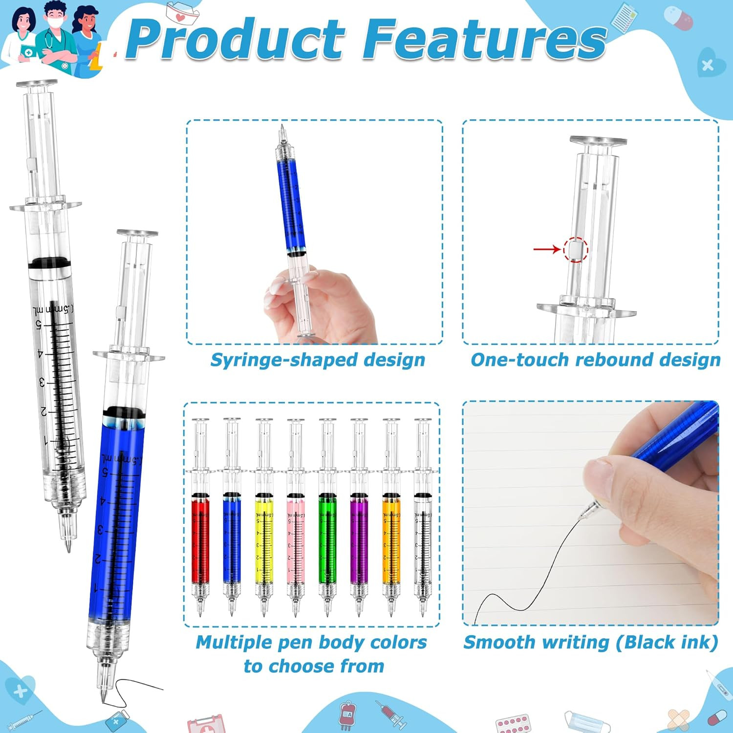 30 PCS Syringe Pens, Multi-Color Nurses Week Gifts Bulk, Retractable Nurse Ballp