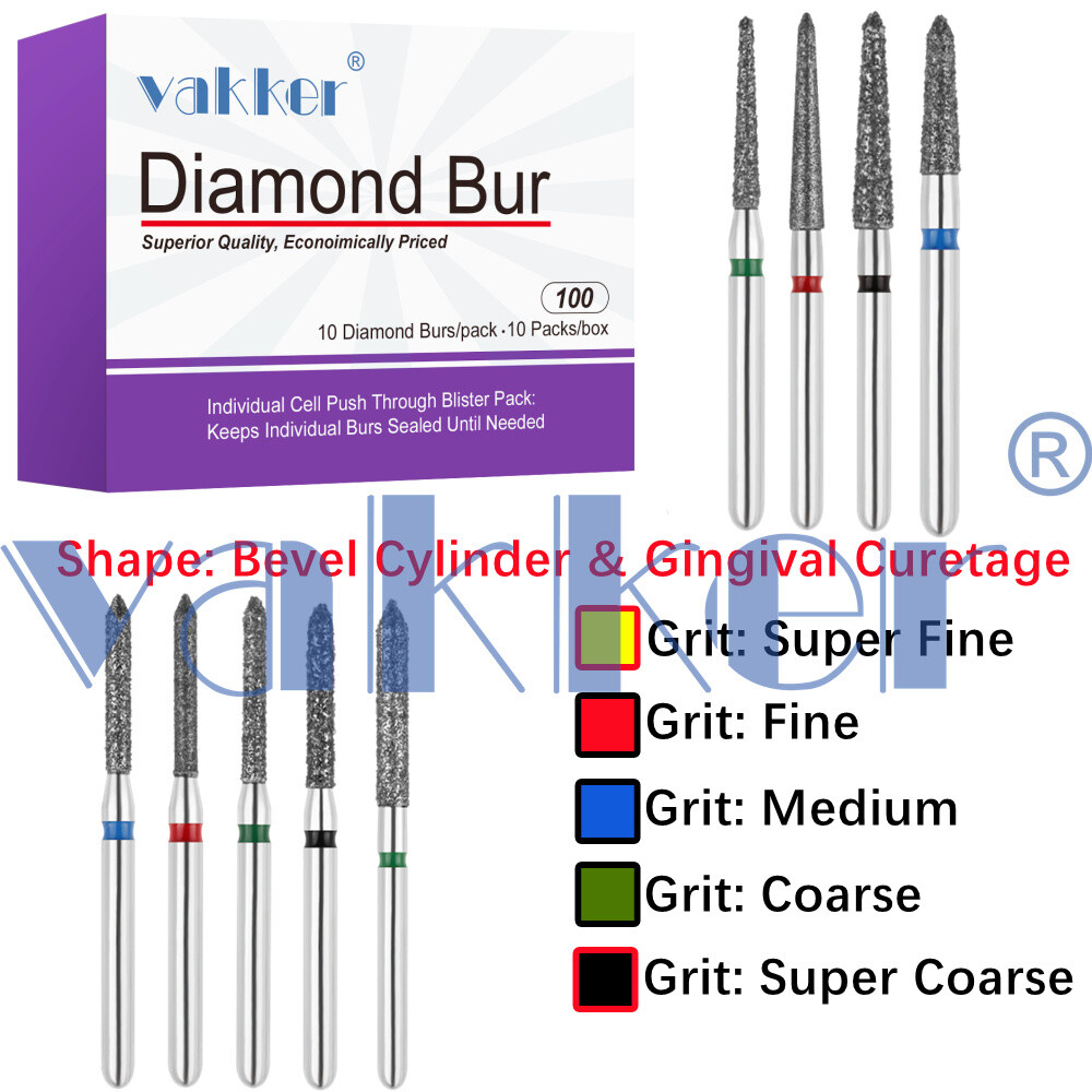 10pc Diamond Bur Shape Bevel Cylinder & Gingival Curetage Fine Medium Coarse