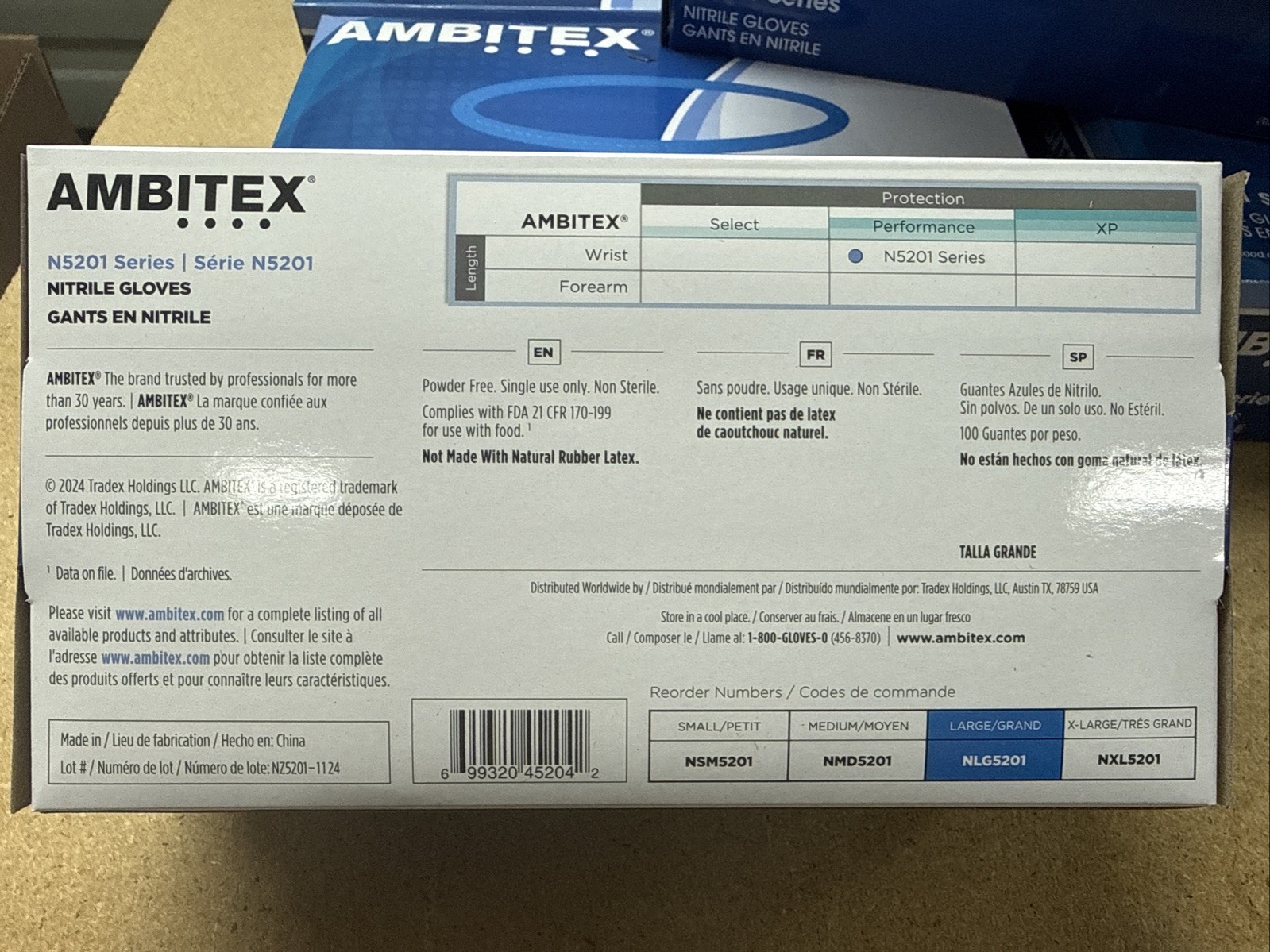 Ambitex N5201 Series Powder Free Blue Nitrile Gloves Large Case/1000 (NLG5201)