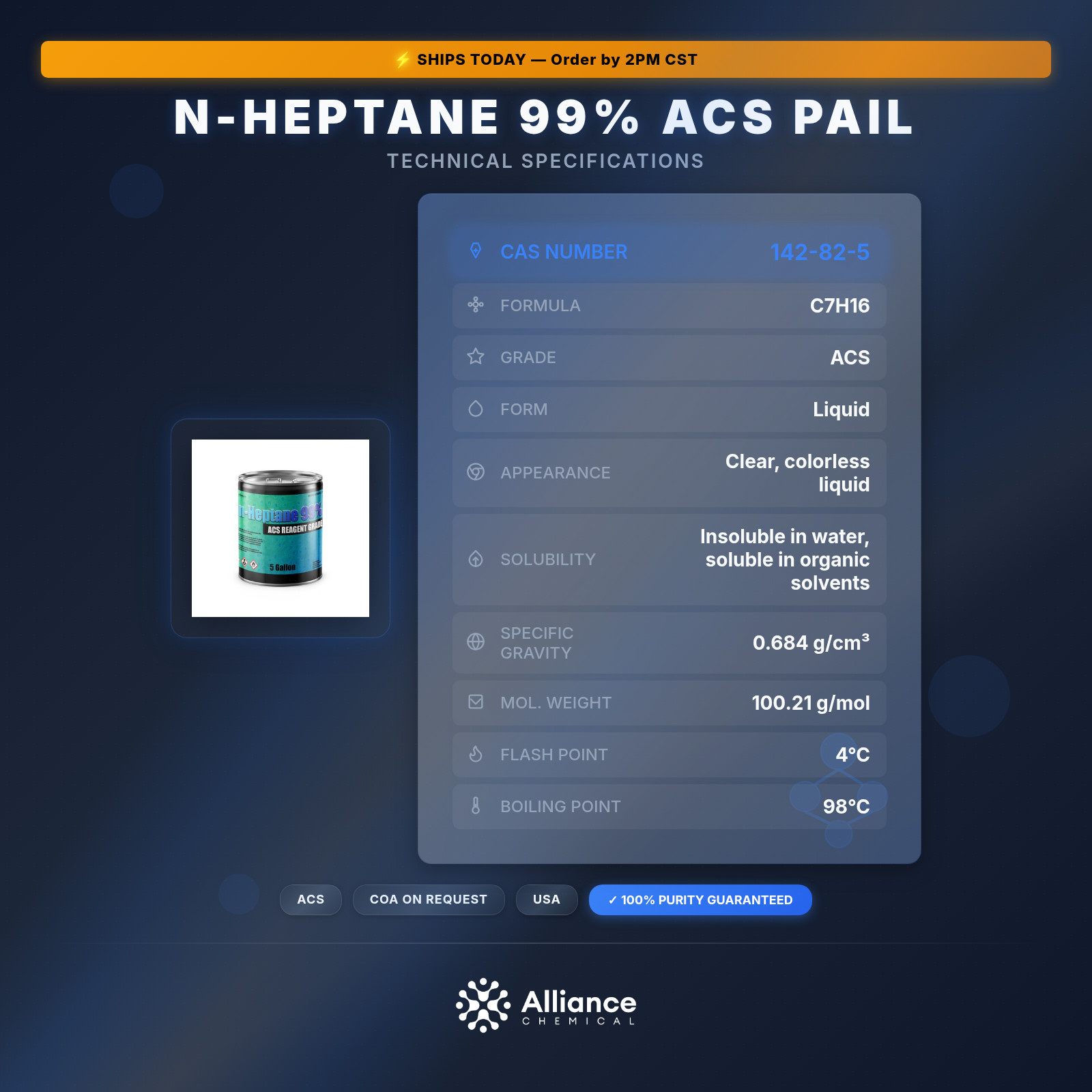 n-Heptane 99% ACS – 5 Gallon Pail
