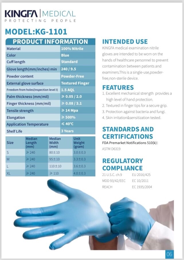 KINGFA Disposable non powder nitrile medical gloves