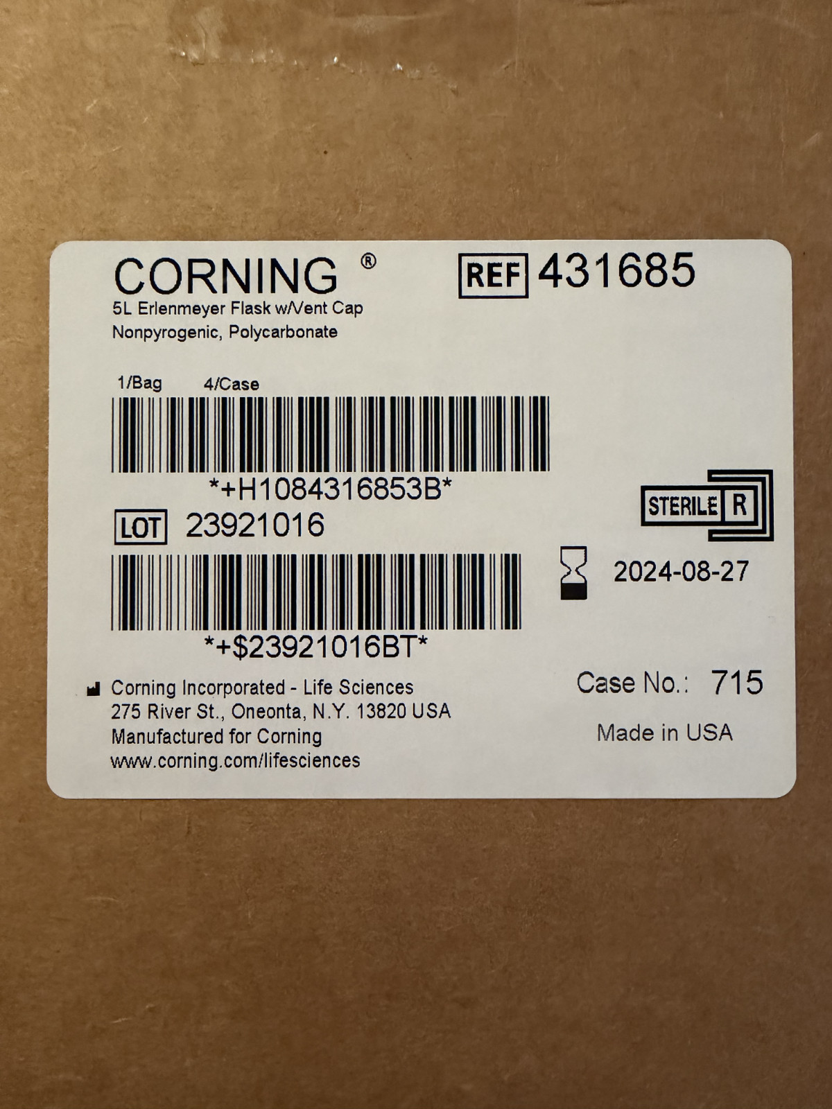 CORNING 5L Polycarbonate Erlenmeyer Flask with Vent 431685 (4/Case)