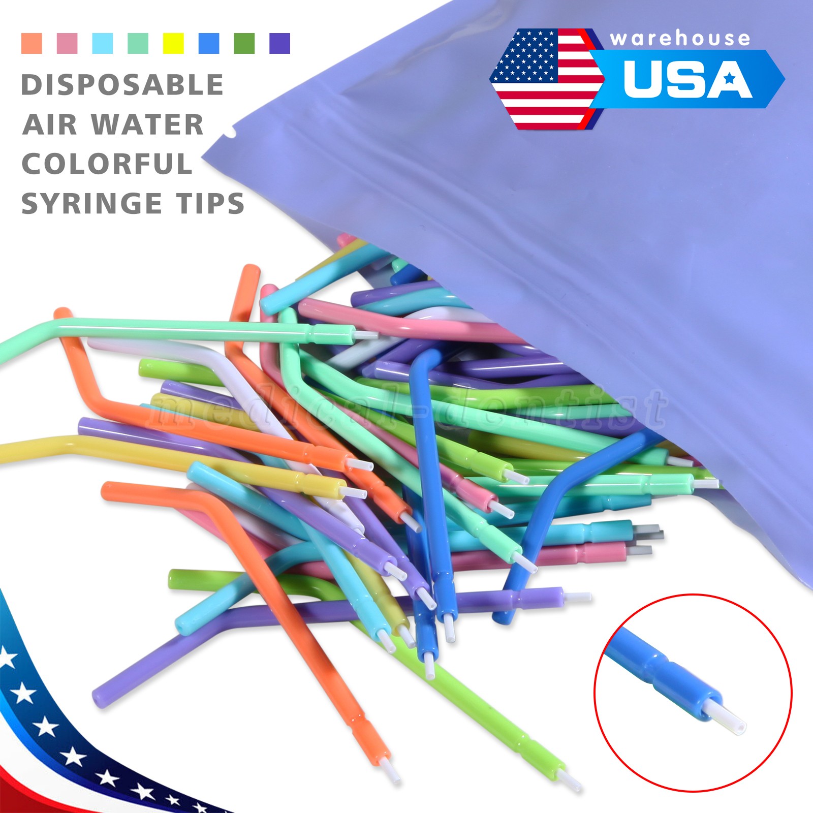 250 Pcs Dental Disposable Air Water Syringe Tips-White Inner Rainbow Outer Tube