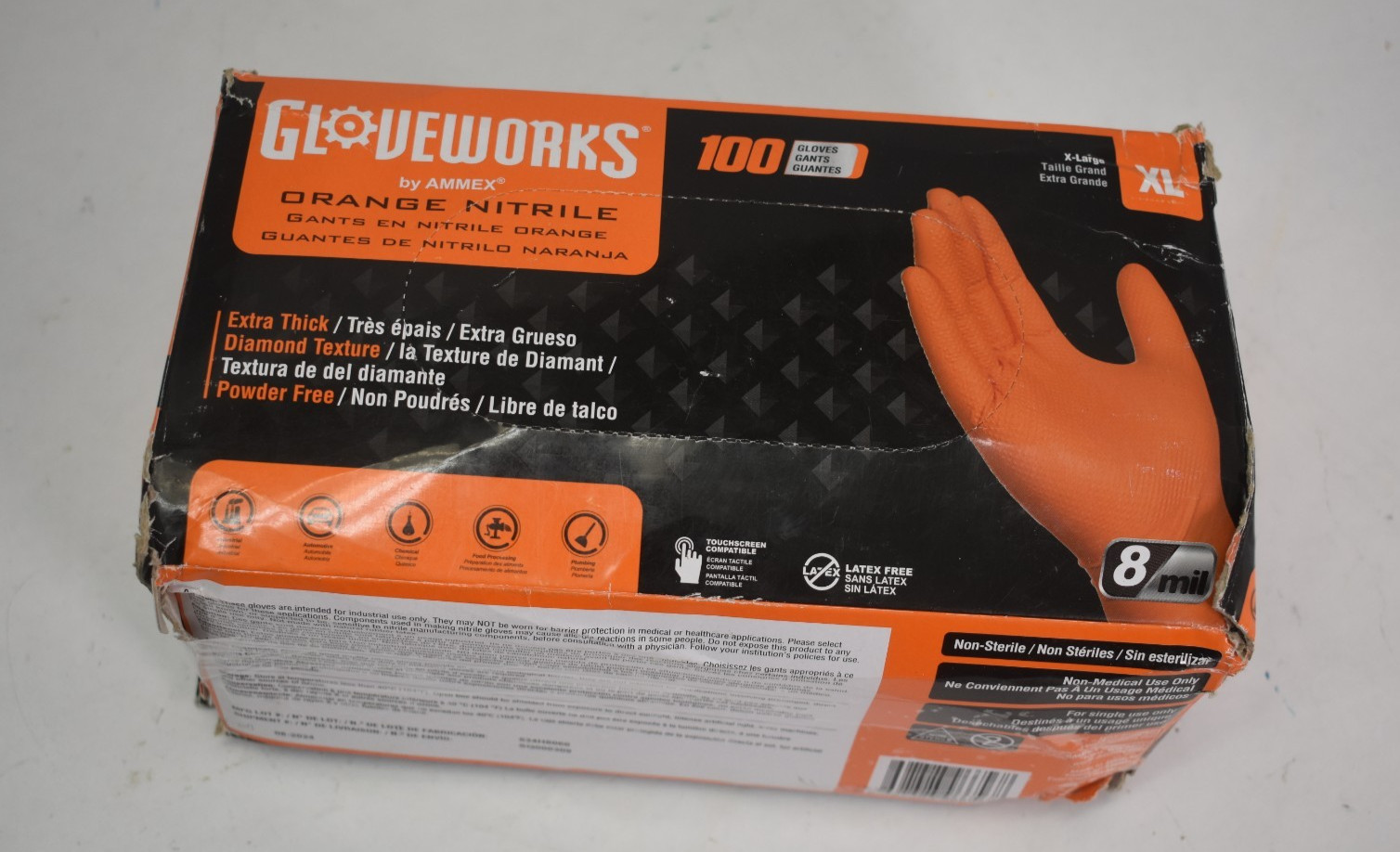Gloveworks Thick Disposable Glove Orange Nitrile 8 Mil Diamond Texture XL 100 Pk