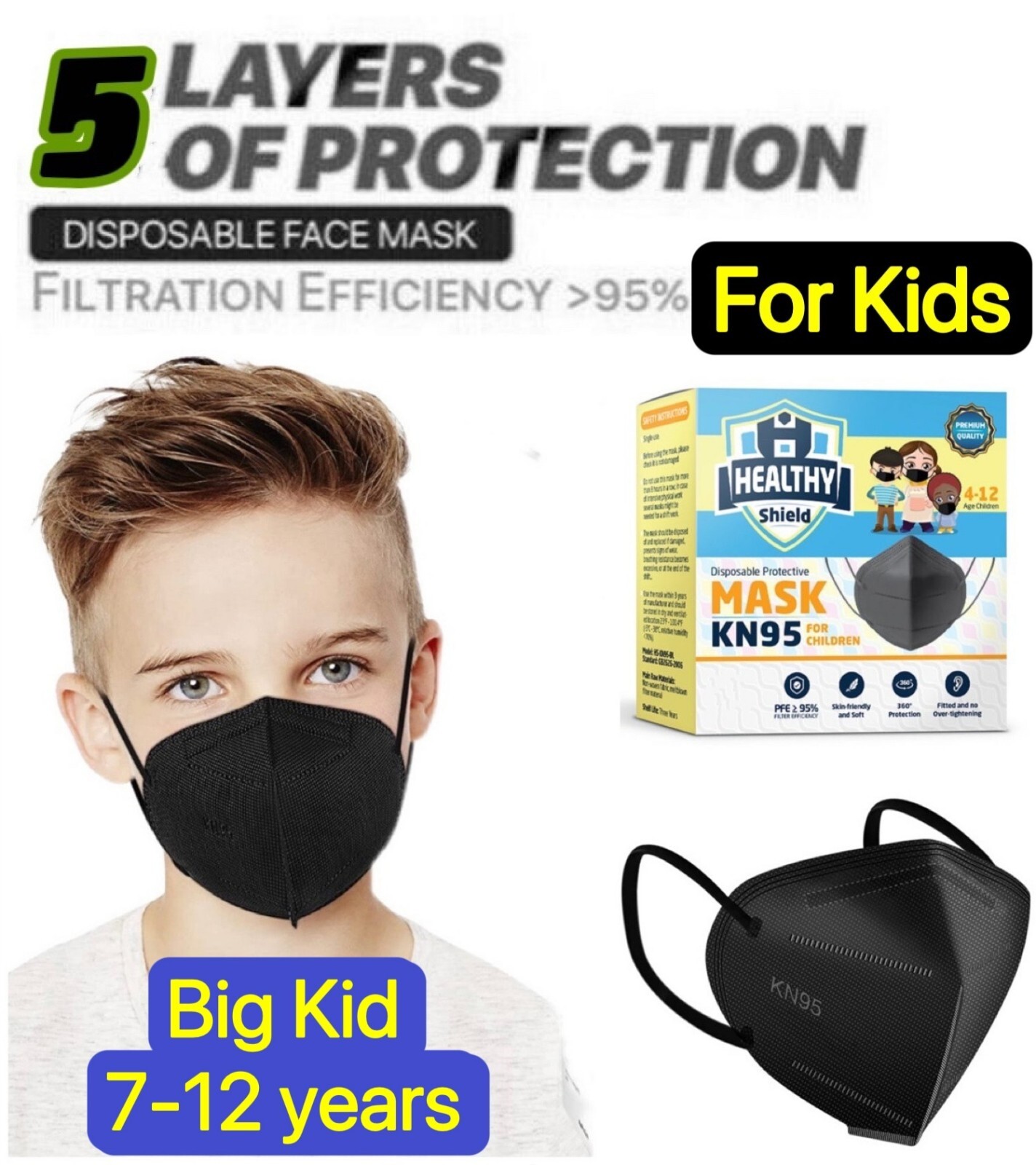 10/40Pcs Black KN95 Protective 5 Layer Face Mask BFE 95% Disposable Masks kids