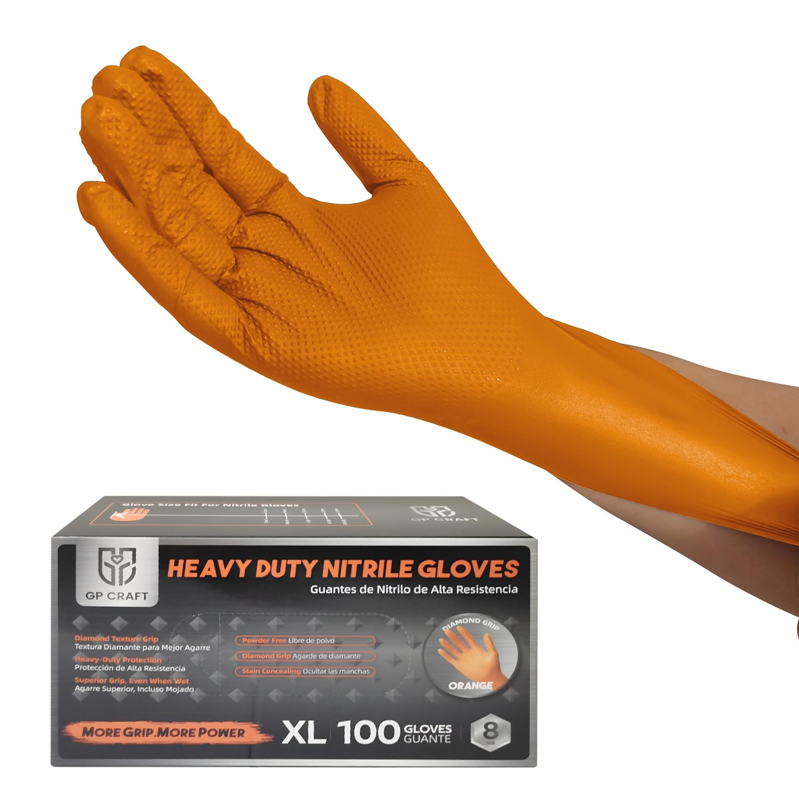 GP CRAFT Heavy Duty Orange Diamond Grip 8mil Nitrile Gloves – Industrial Grad…
