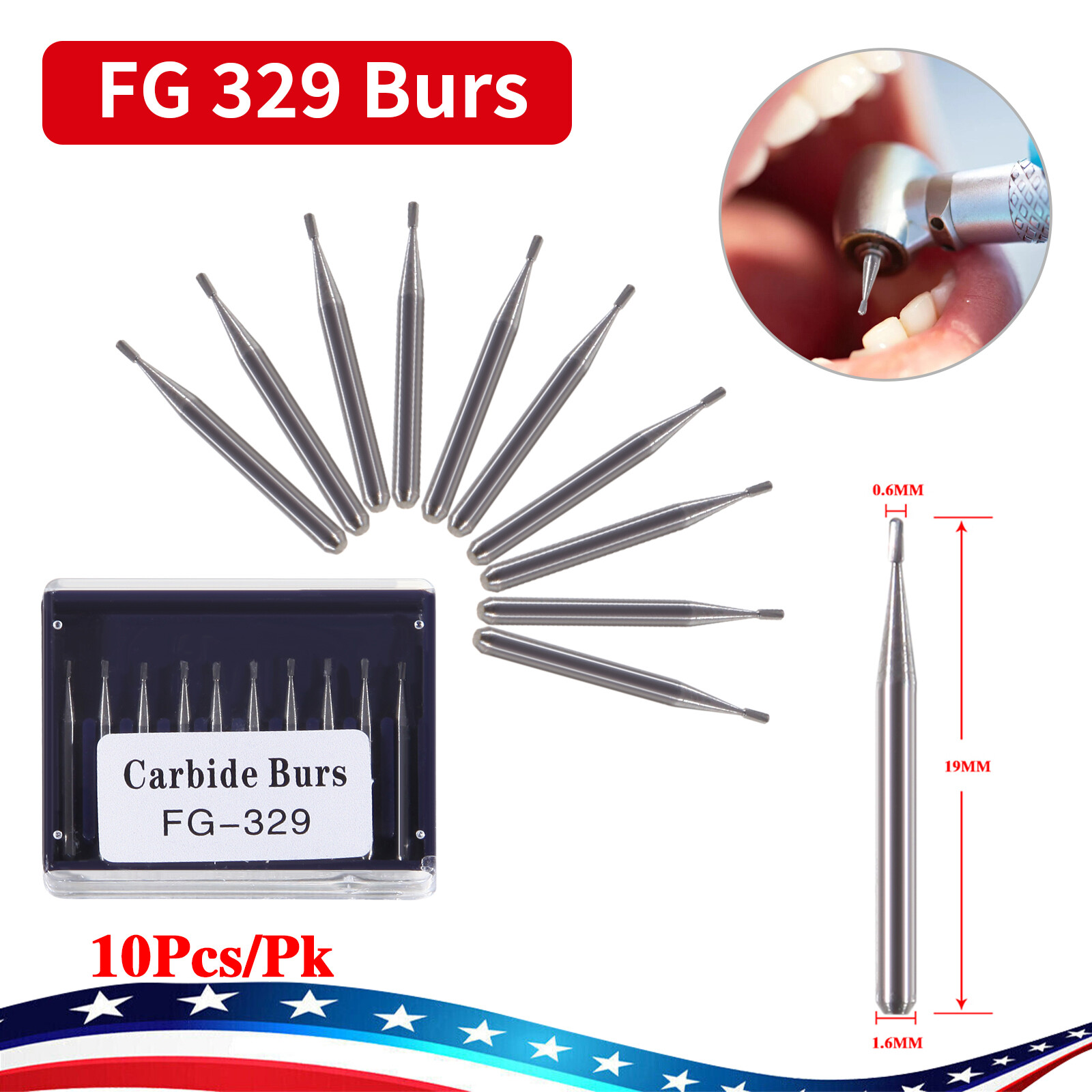 1-10*Dental Carbide Burs Pear-Shaped Type for High Speed Tungsten Steel FG#329