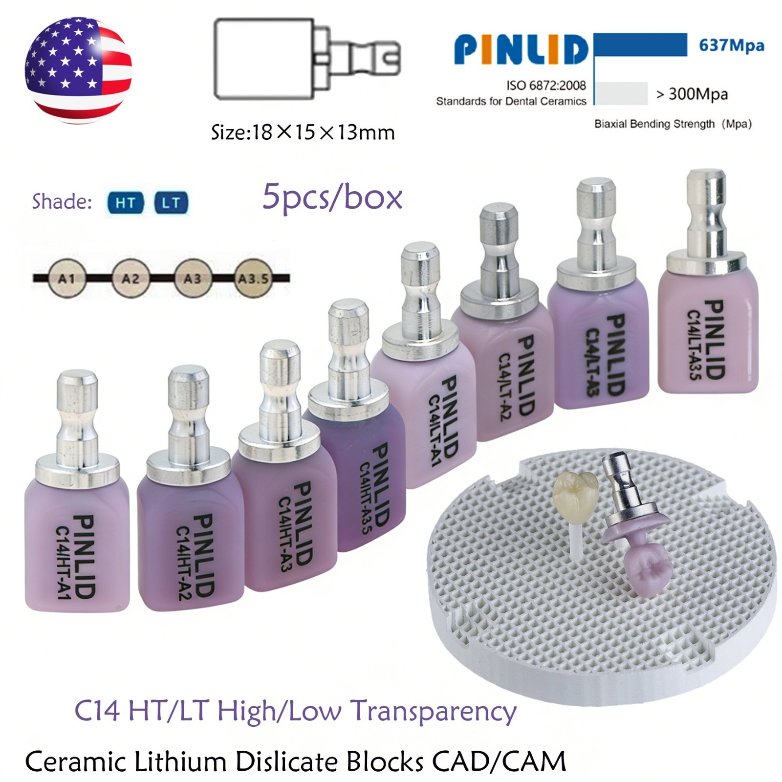 5Pcs C14 Dental Lithium Disilicate Block CAD/CAM A1-A3.5 Glass Ceramic for Cerec