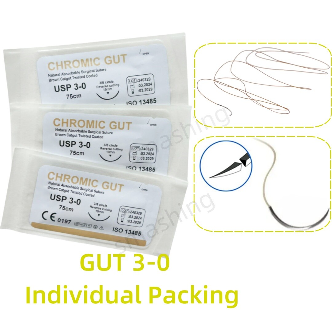 CHROMIC GUT 3-0 Absorbable Dental Surgical Suture Natural Needled Reverse Cut