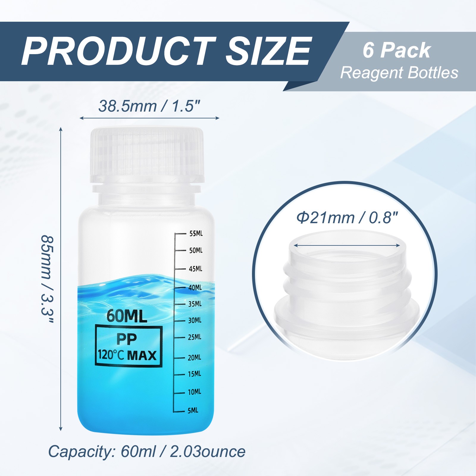 6 Pcs Plastic Sample Bottles with Screw Caps, 2 oz 60ml Reagent Bottles, Clear