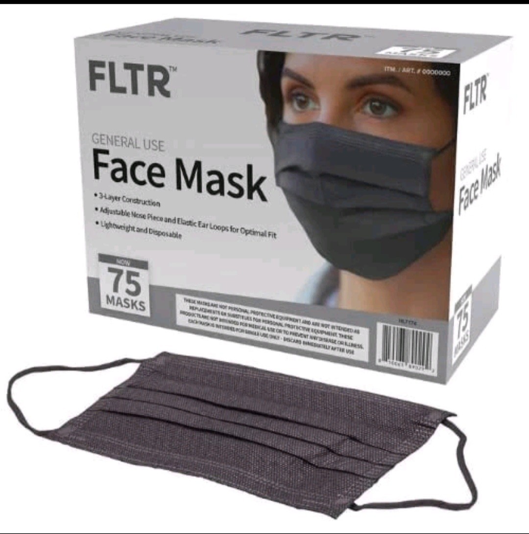 FLTR General Use Disposable Face Mask Black 75 Count Pack of 3