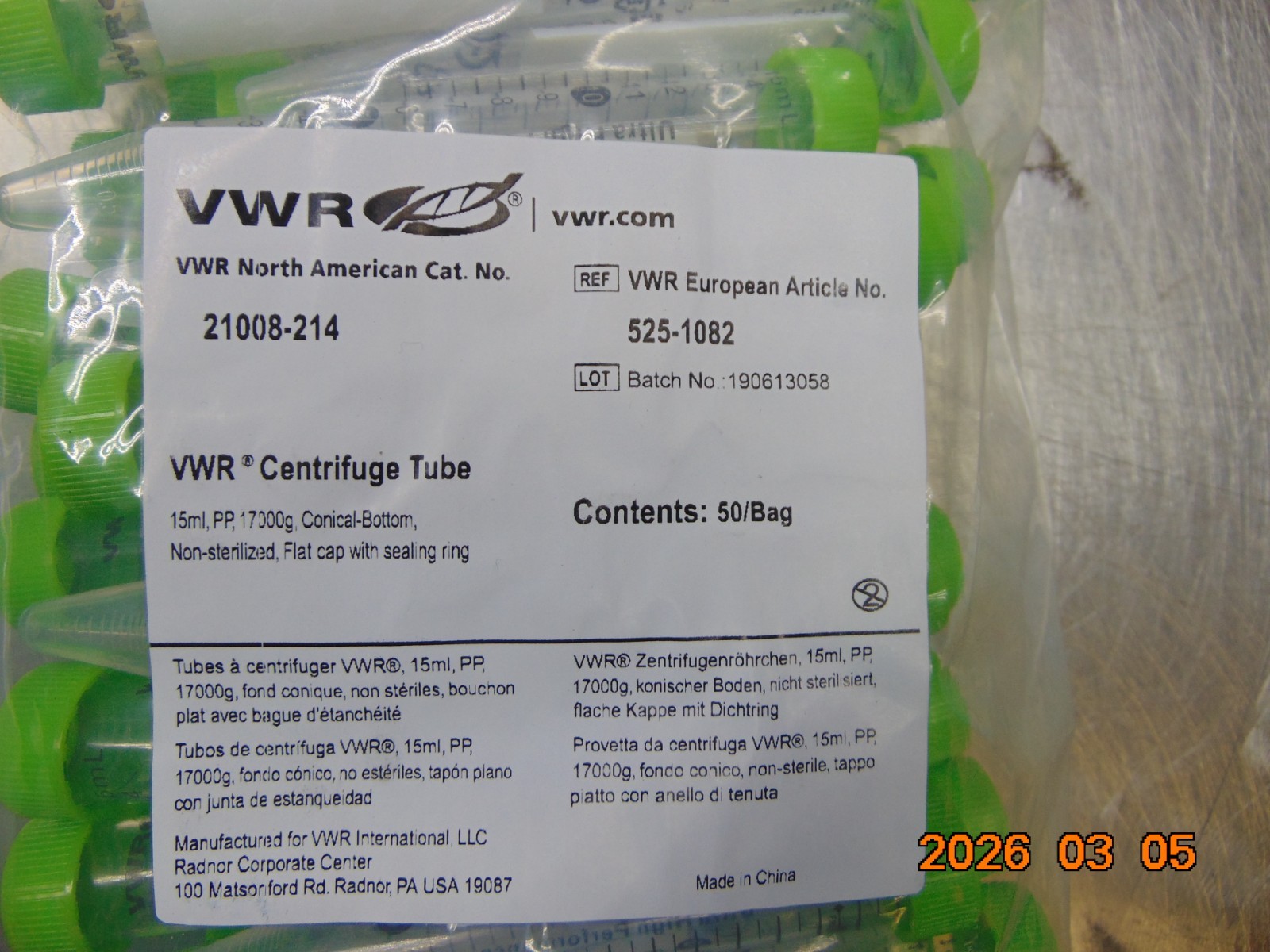 VWR 21008-214 15 mL Centrifuge Tubes Conical Bottom 50