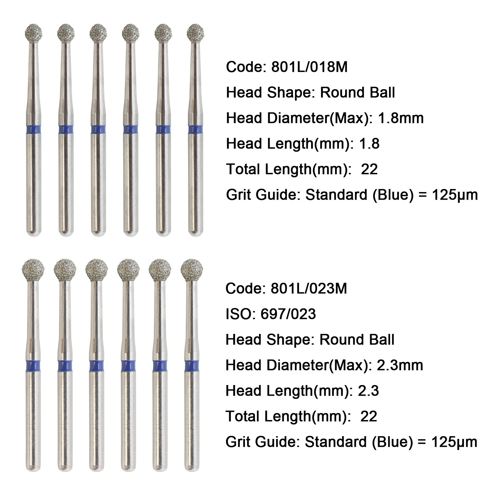Dental Diamond Burs 801/801L Muti-use FG Round Ball Bur For High Speed Handpiece