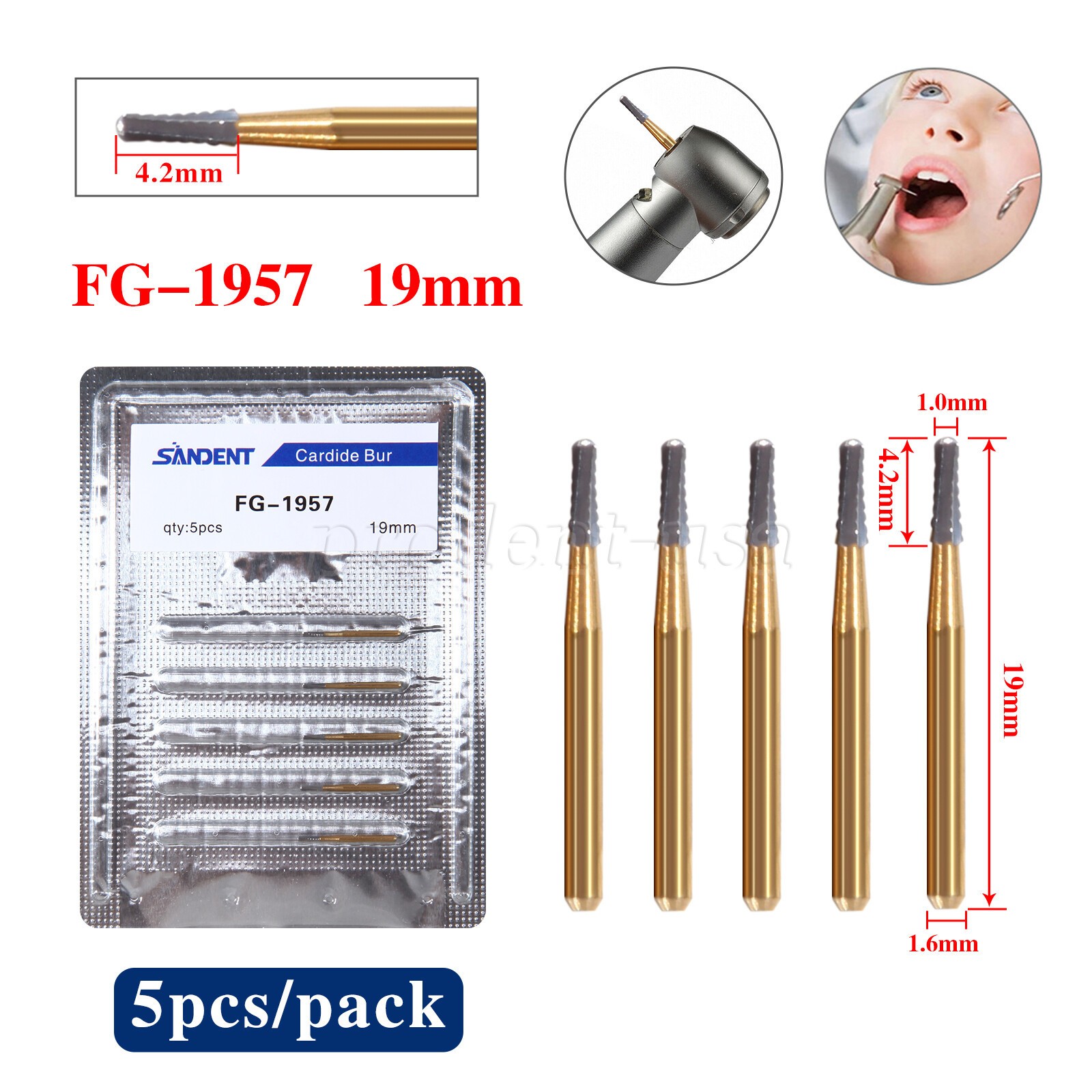 5pcs /pack High Speed Dental Tungsten Steel Crown Metal Cutting Burs FG-1957 po