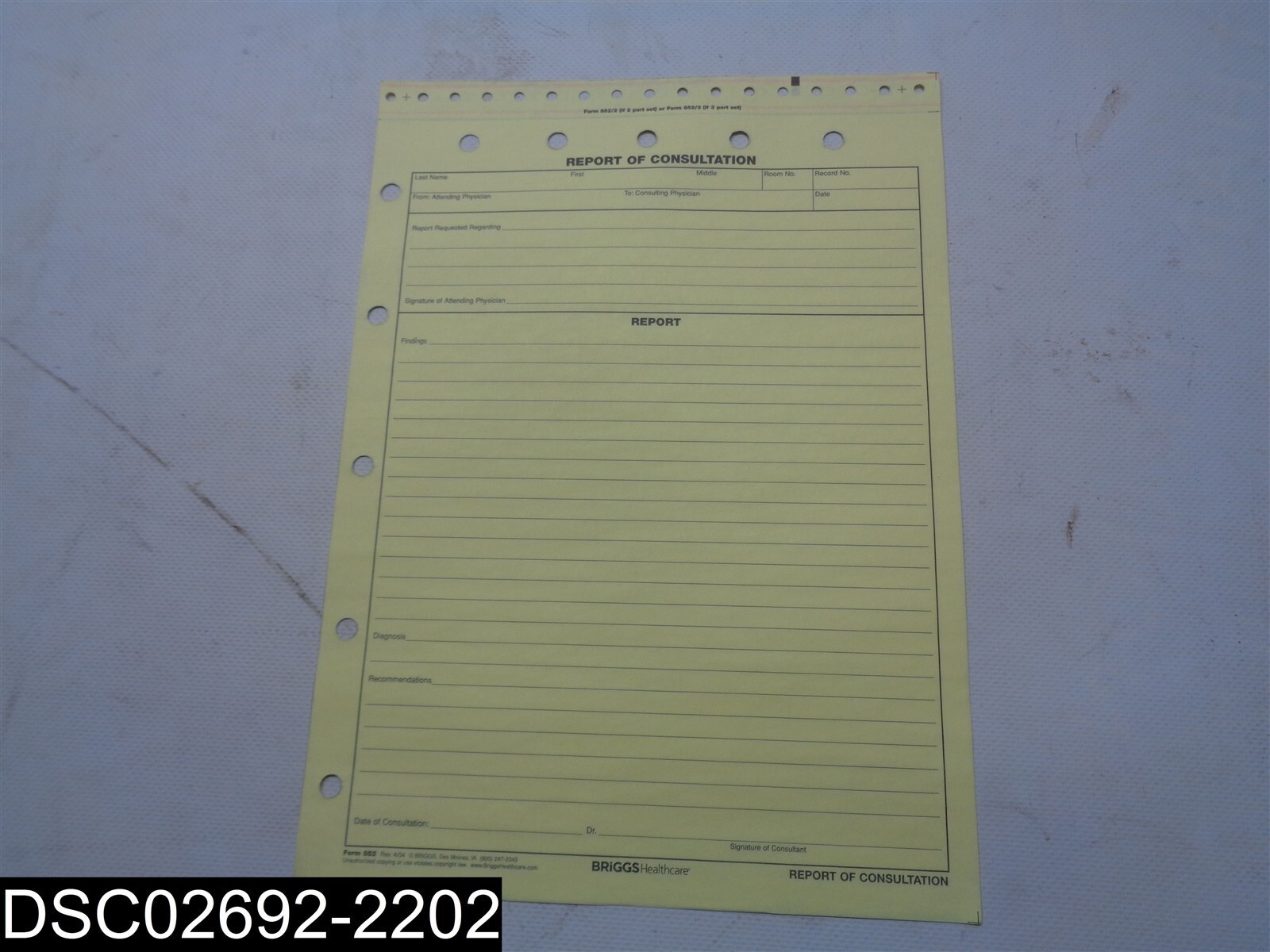 QTY=250 Sheets: 852/3 Briggs Health Care Report of Consultation Forms