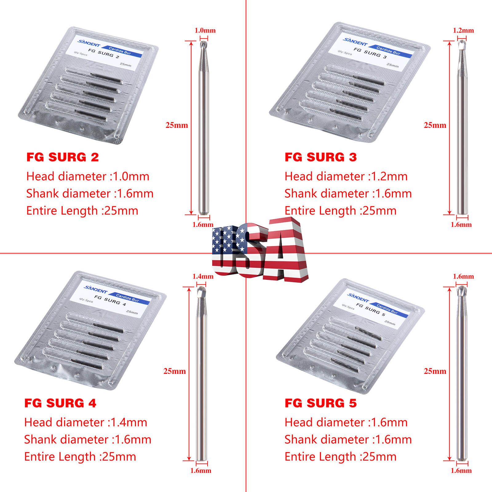 1-20 X Dental Surgical Length Bur Round Tungsten Carbide 25mm FG SURG FGOS