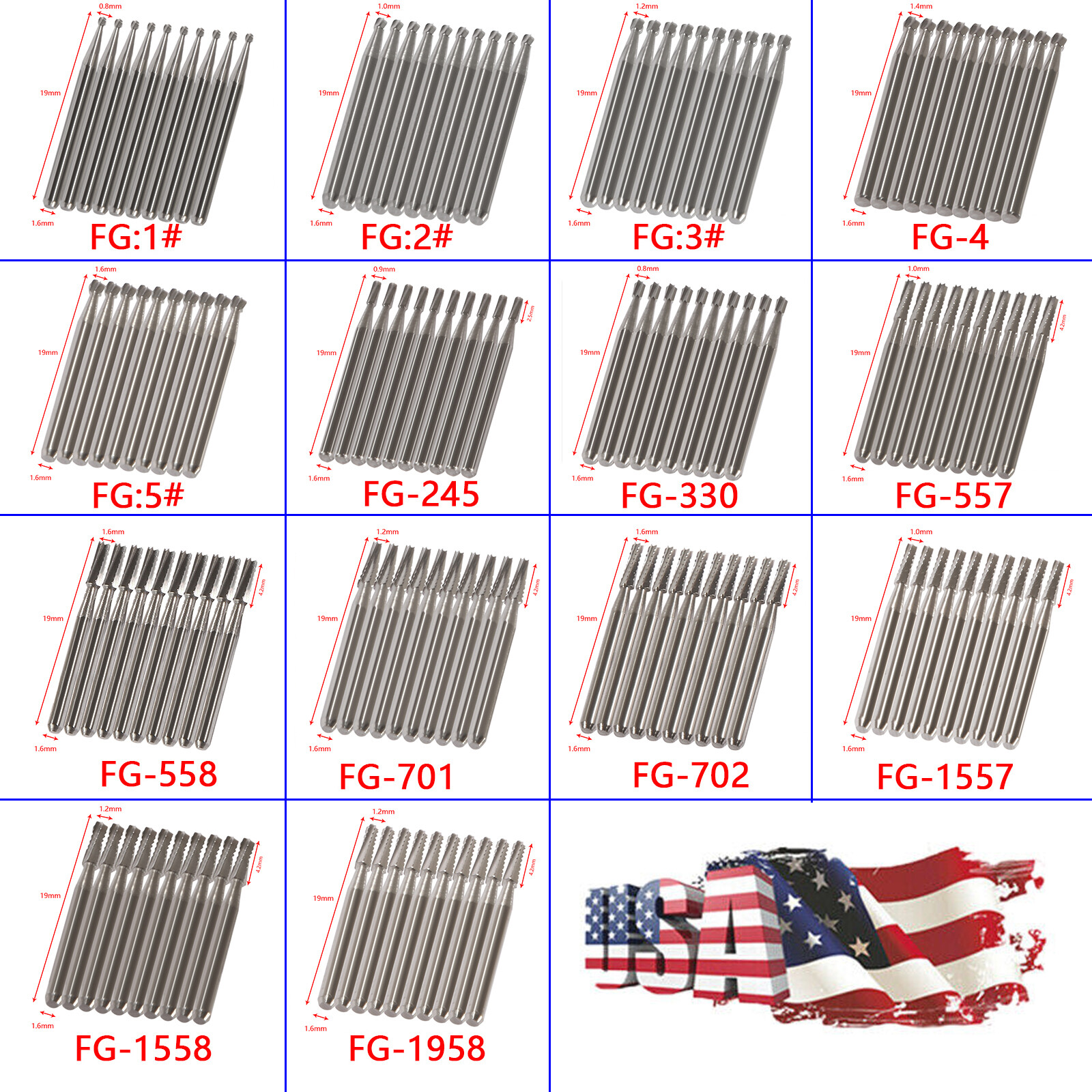 10-100pcs Dental FG Carbide Tungsten Steel Drills Burs for High Speed Handpiece
