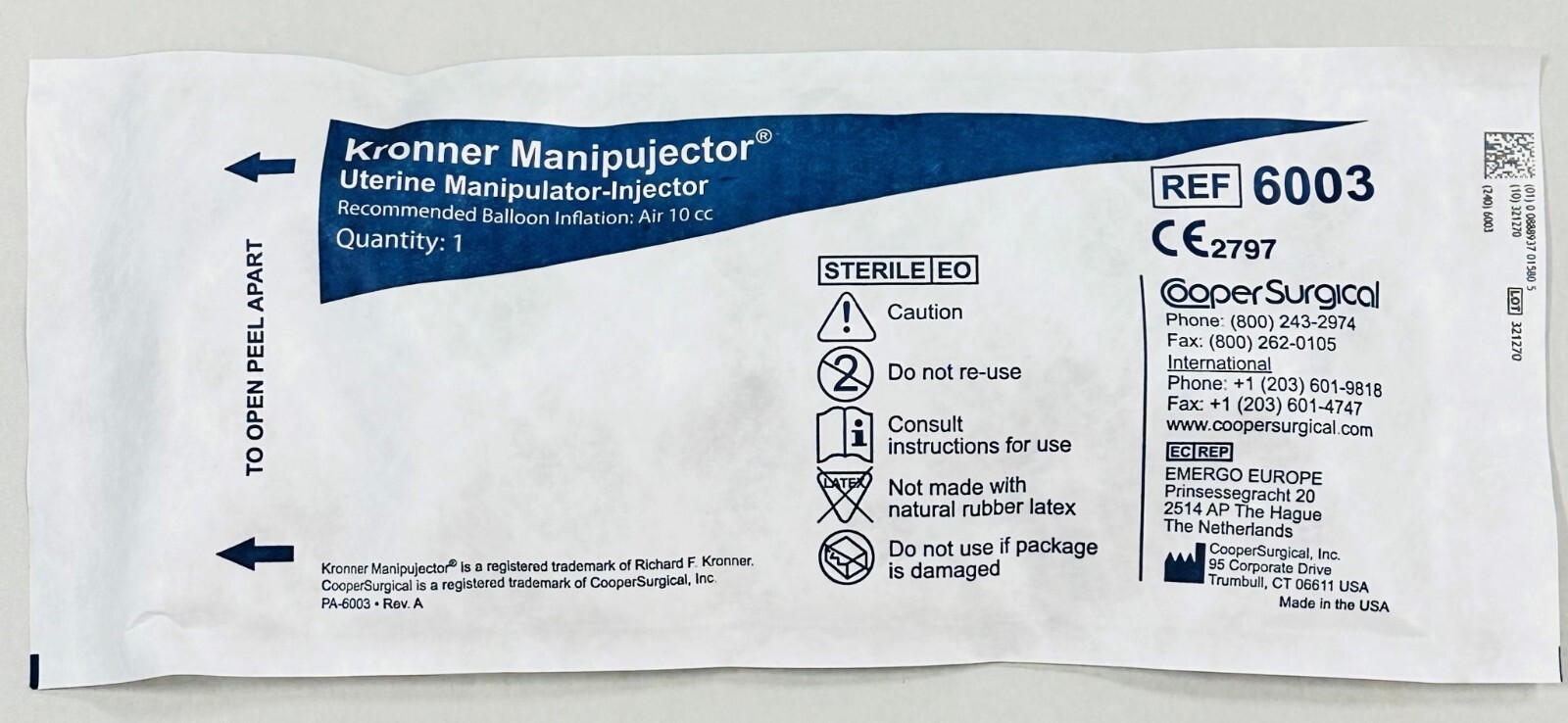 *1-Pack* Cooper Surgical Kronner Manipujector Uterine Manipulator-Injector 6003