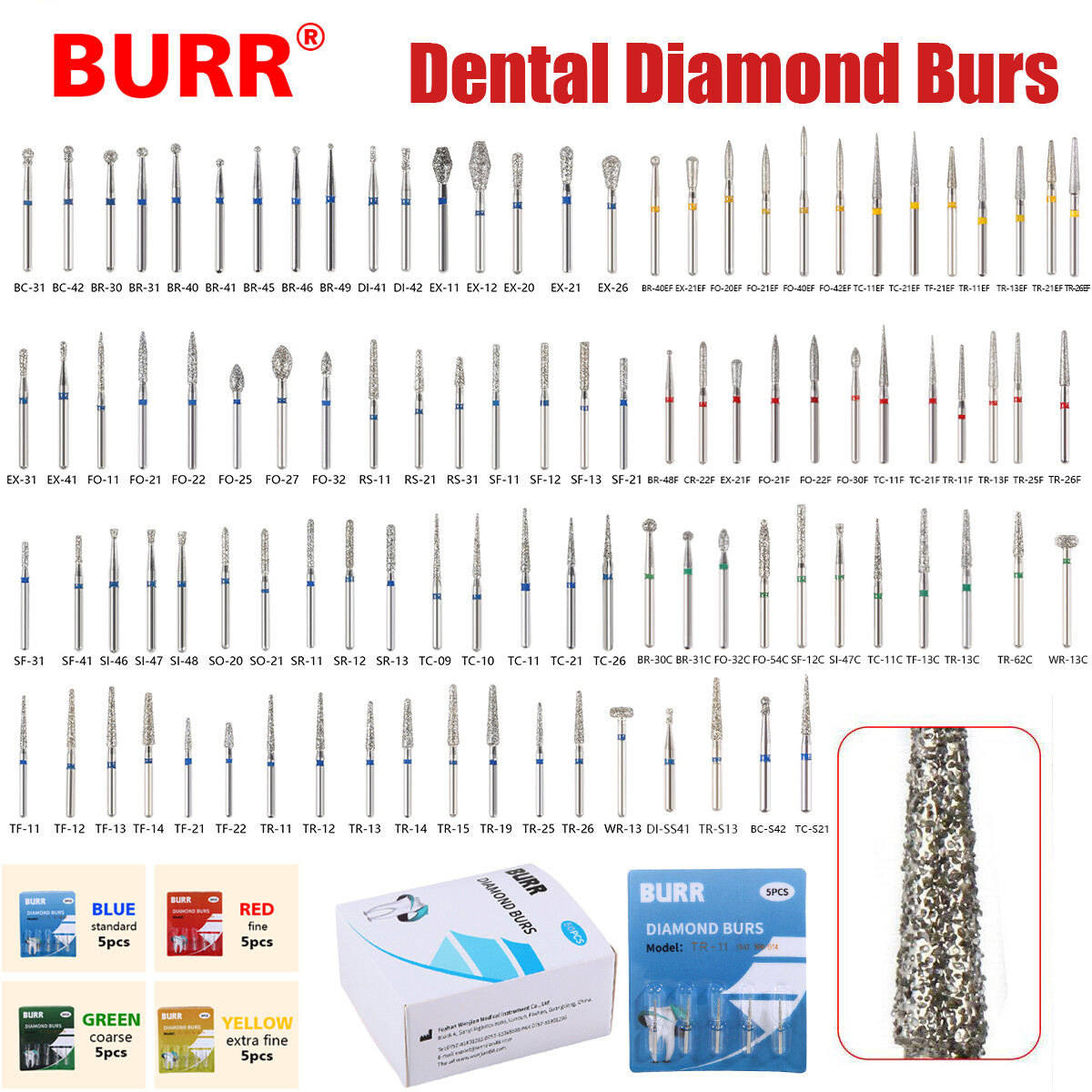 5pcs/1Box Dental Diamond Burs For High Speed Handpiece Friction Grip