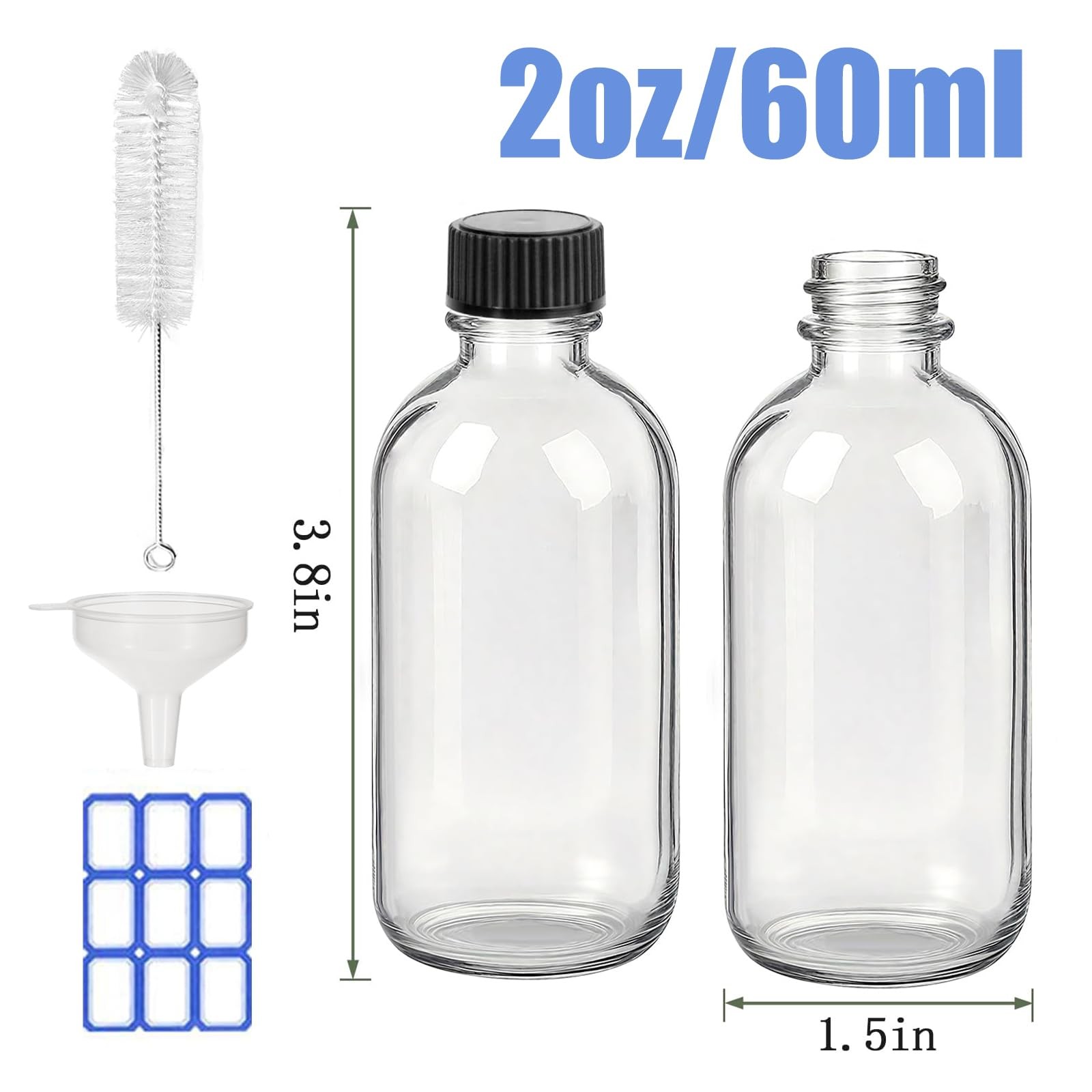 JohnBee 12-Pack 2 oz (60ml) Small Glass Boston Round Bottles 12Pack, Clear