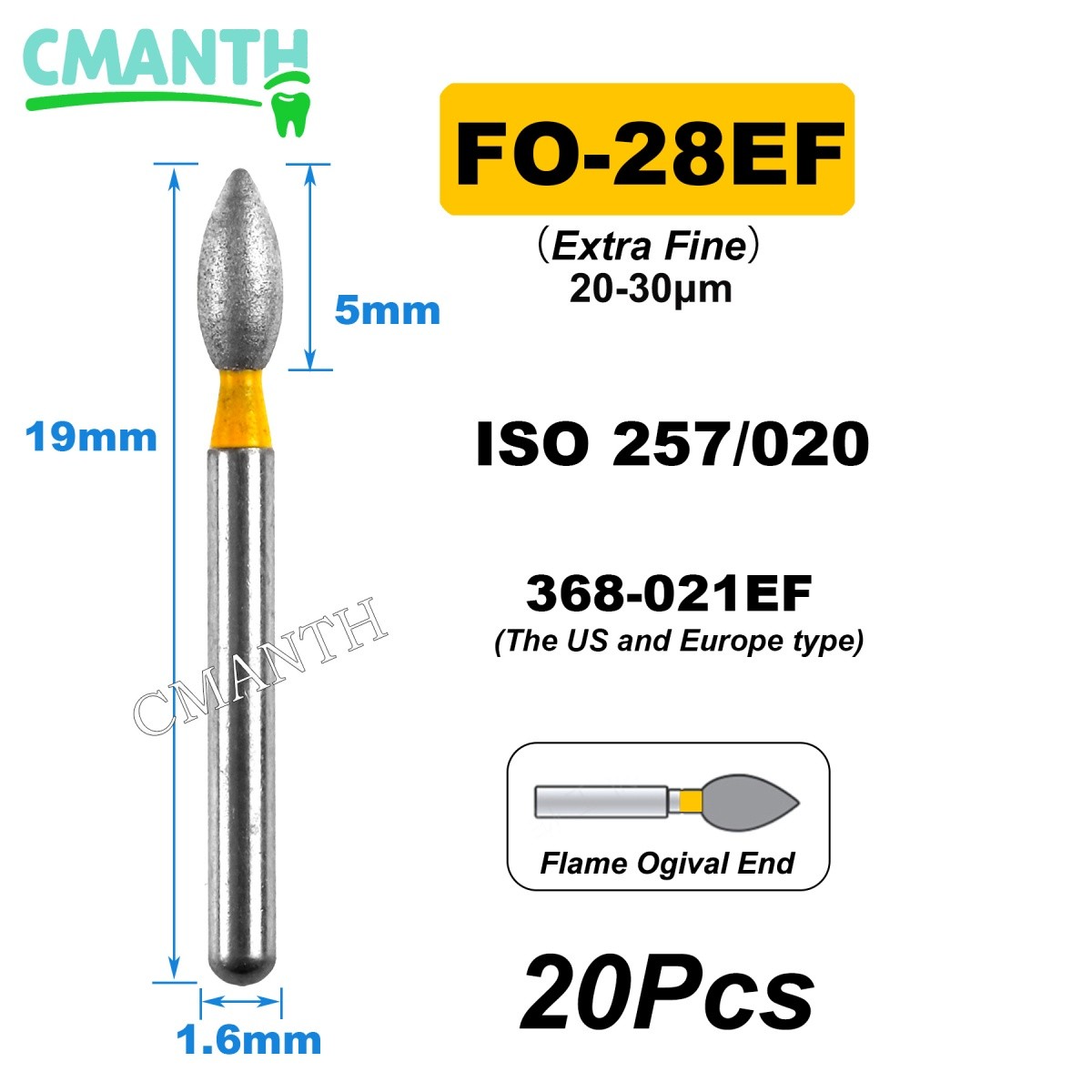 US Fine Dental Burs Diamond Burs High Speed Turbines Drills Tools 1.6mm 20pcs