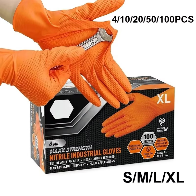 8 Mil Heavy Duty Industrial Orange Disposable Nitrile Gloves Diamond Textured Te
