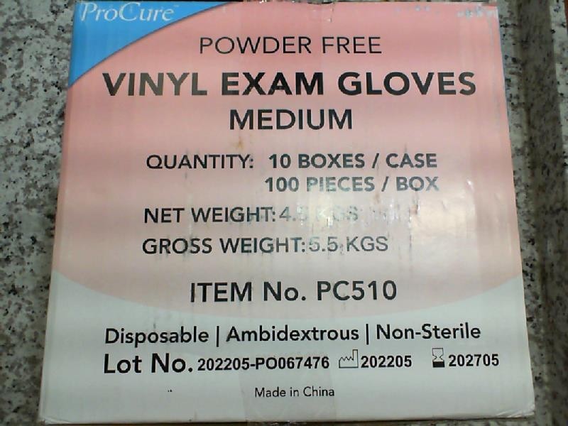 1,000 Gloves * ProCure PC510 Vinyl Exam Gloves Powder-Free Medium Clear 05/2027