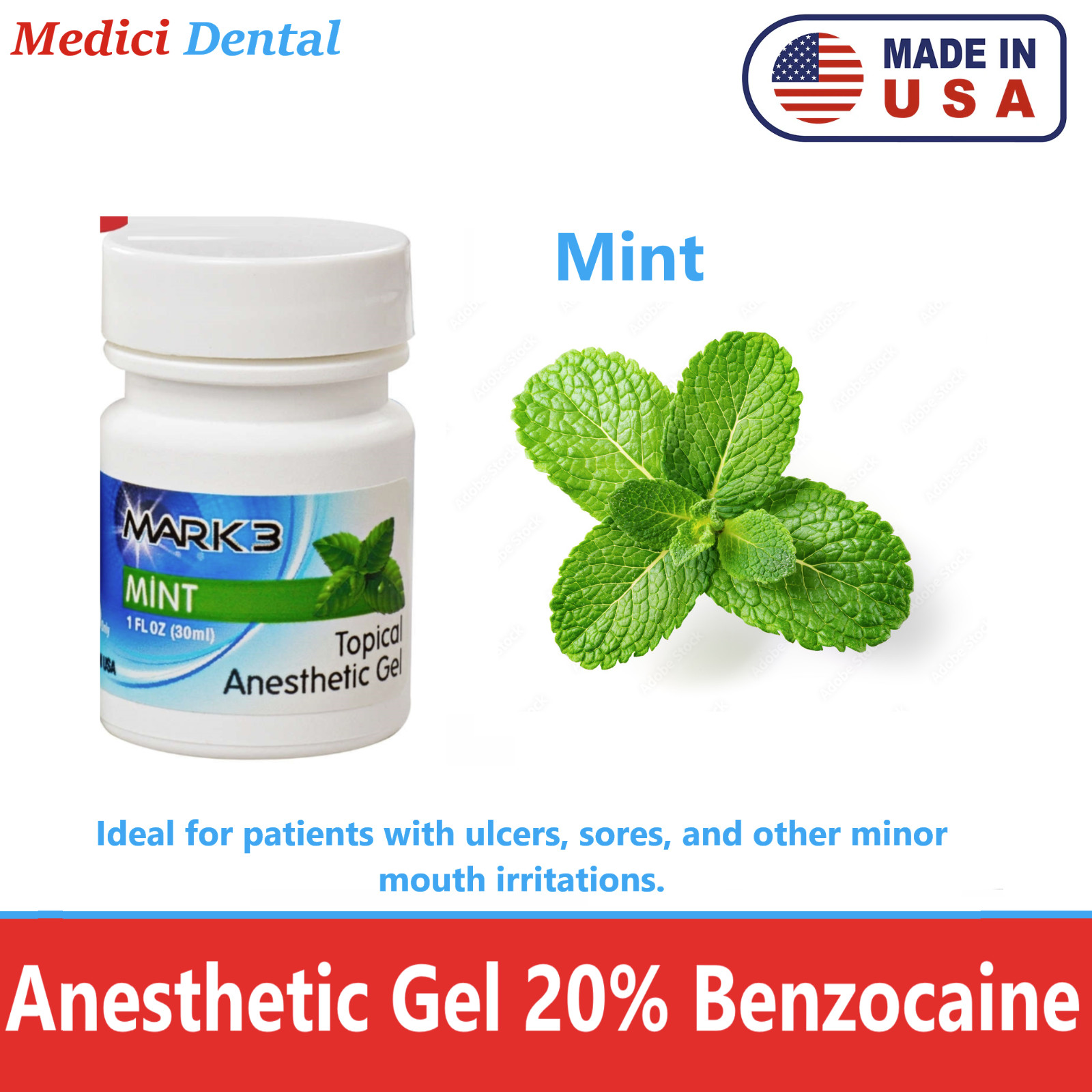 Dental Topical Anesthetic Gel 20%, 7 Flavors, 1oz Jar, Made in USA Exp 02/2027