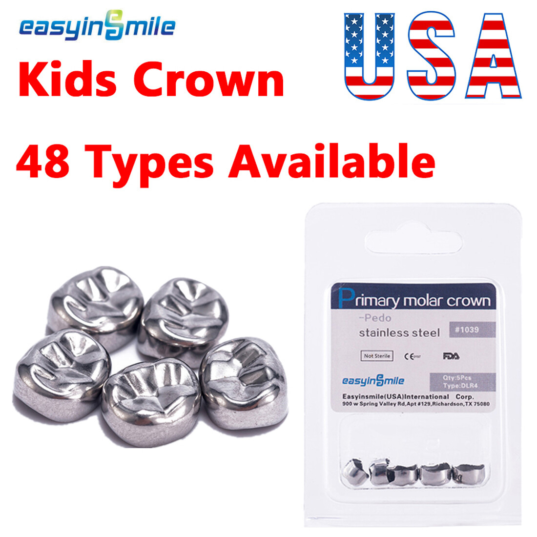 Dental Kids Crown Primary Molar Pediatric Stainless Steel Crown EASYINSMILE 5Pcs