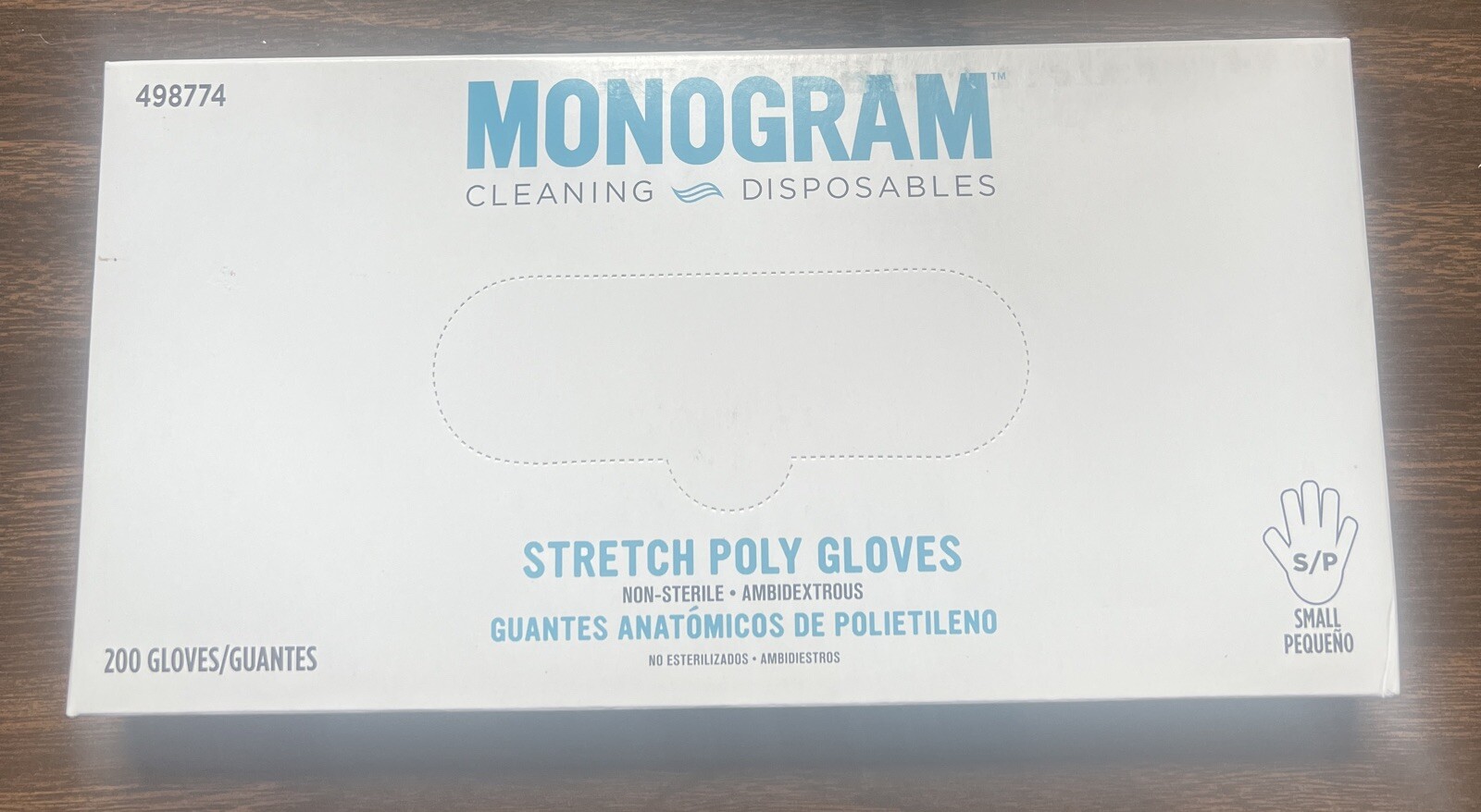 1 Box 200 Clear GLOVES MONOGRAM DISPOSABLE Cleaning STRETCH Poly Size Small 10”