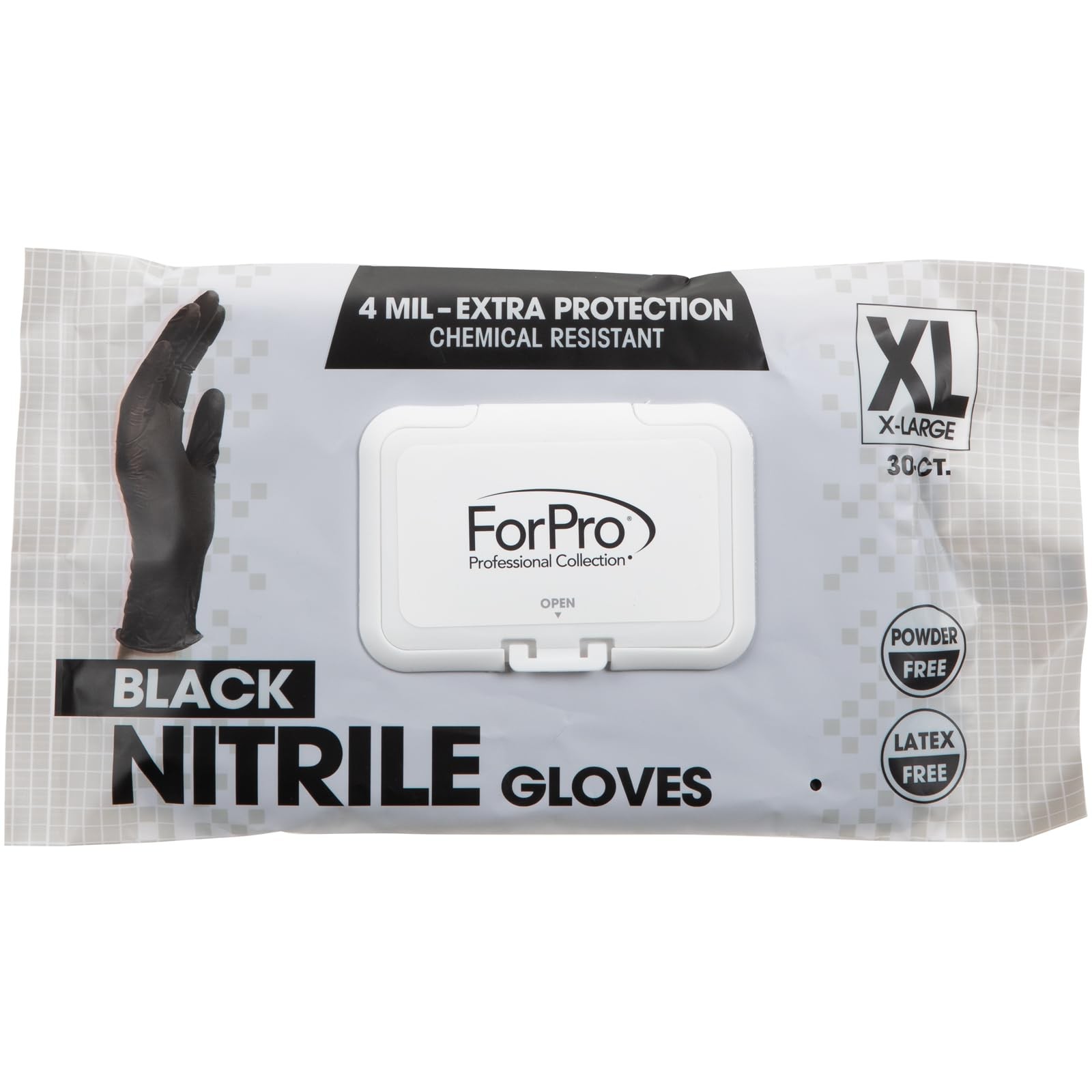 ForPro Disposable Nitrile Gloves, Chemical Resistant, Black, XL, 30~Count