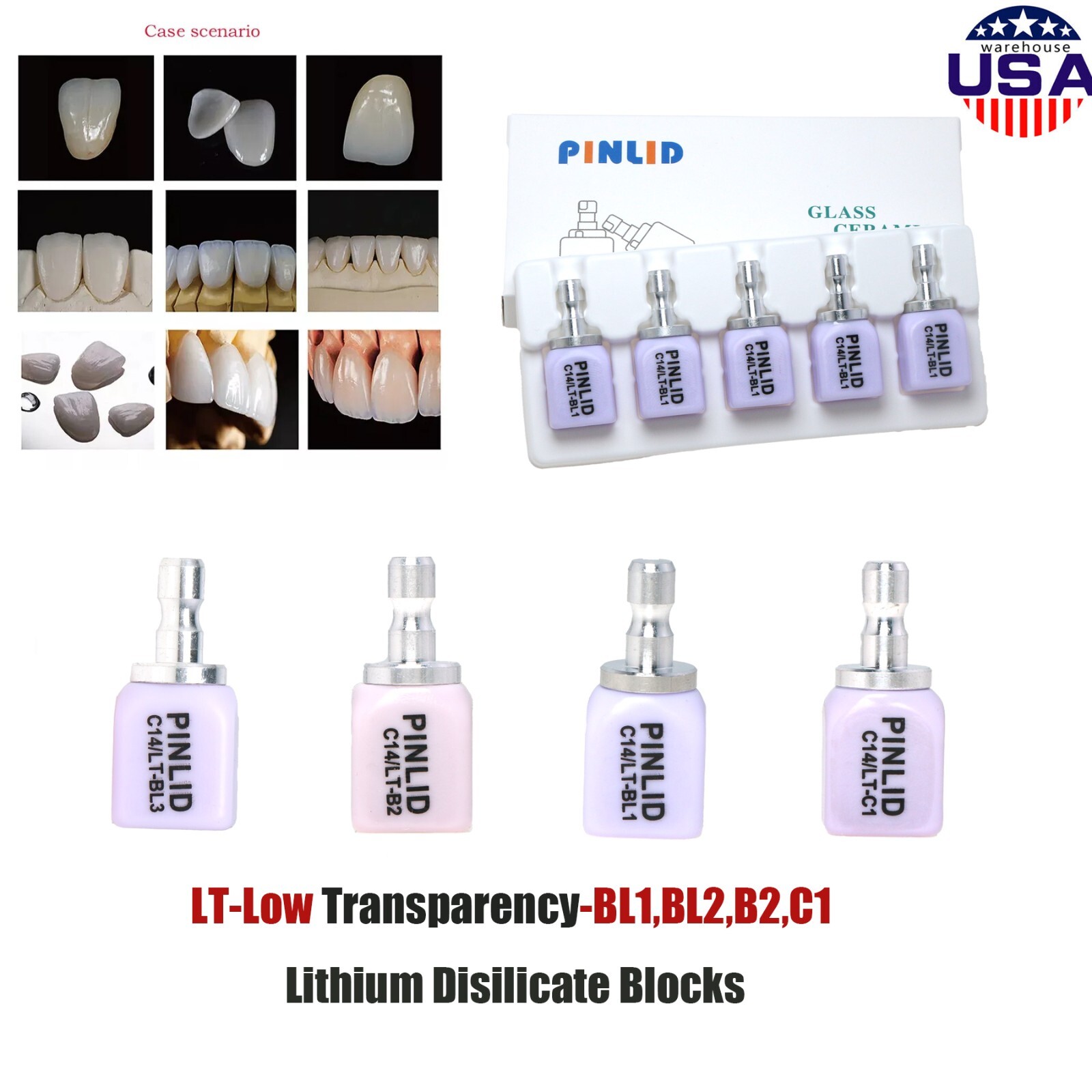 US C14 Lithium Disilicate Dental Emax Glass Ceramic CAD/CAM Blocks HT LT 5/Box