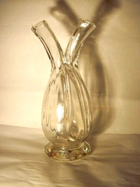 EXTREMELY ODD CONJOINED RIBBED & HORNED BOTTLE MADE IN FRANCE EACH W GLASS STRAW