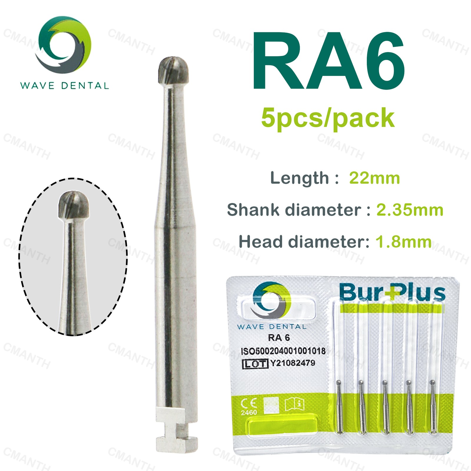 WAVE Dental Tungsten Carbide Burs Round Head RA Low Speed Burs Dia 2.35mm 5Pcs