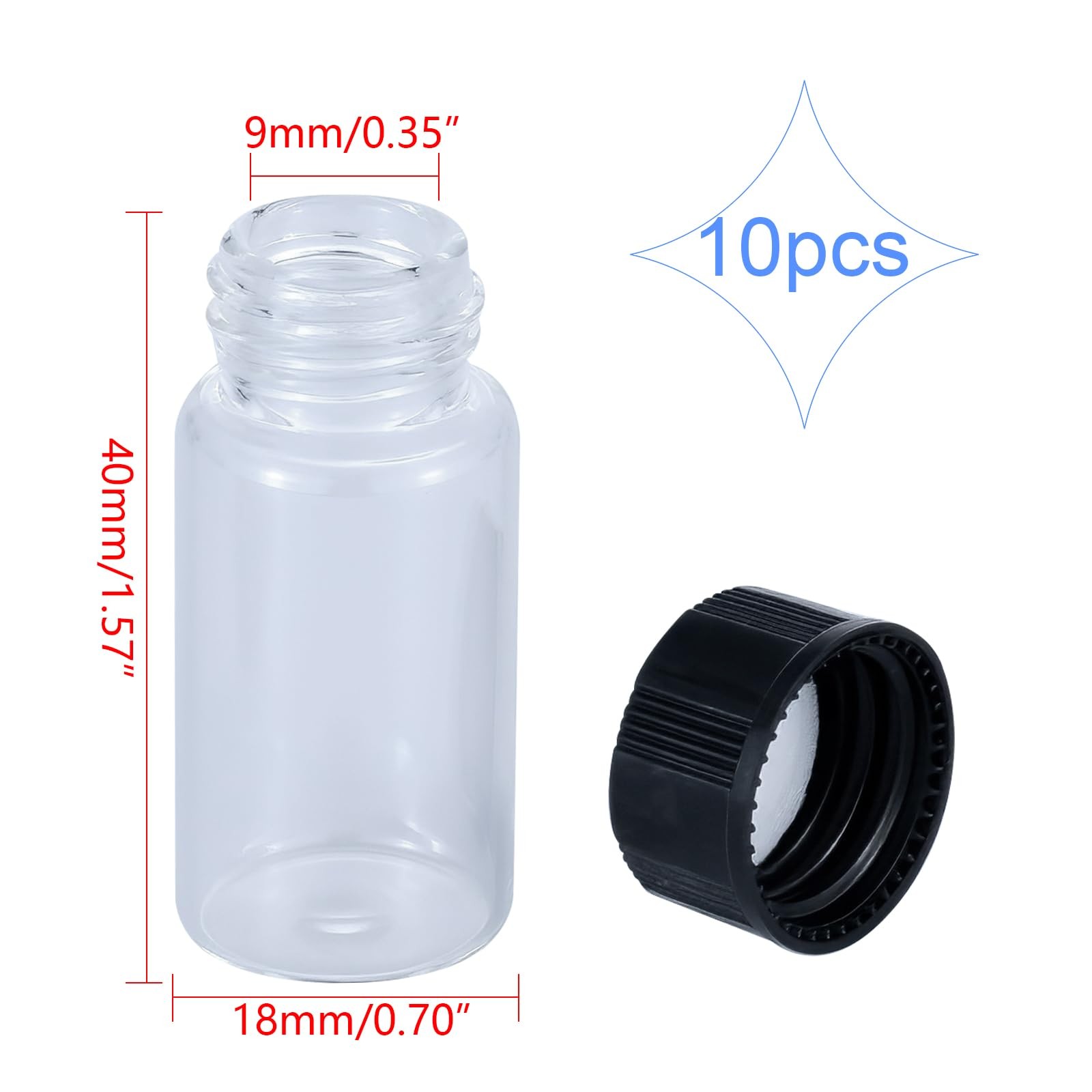 Minifrascos de vidrio transparente 5 ml (1/6 oz) con tapones rosca de plástico.