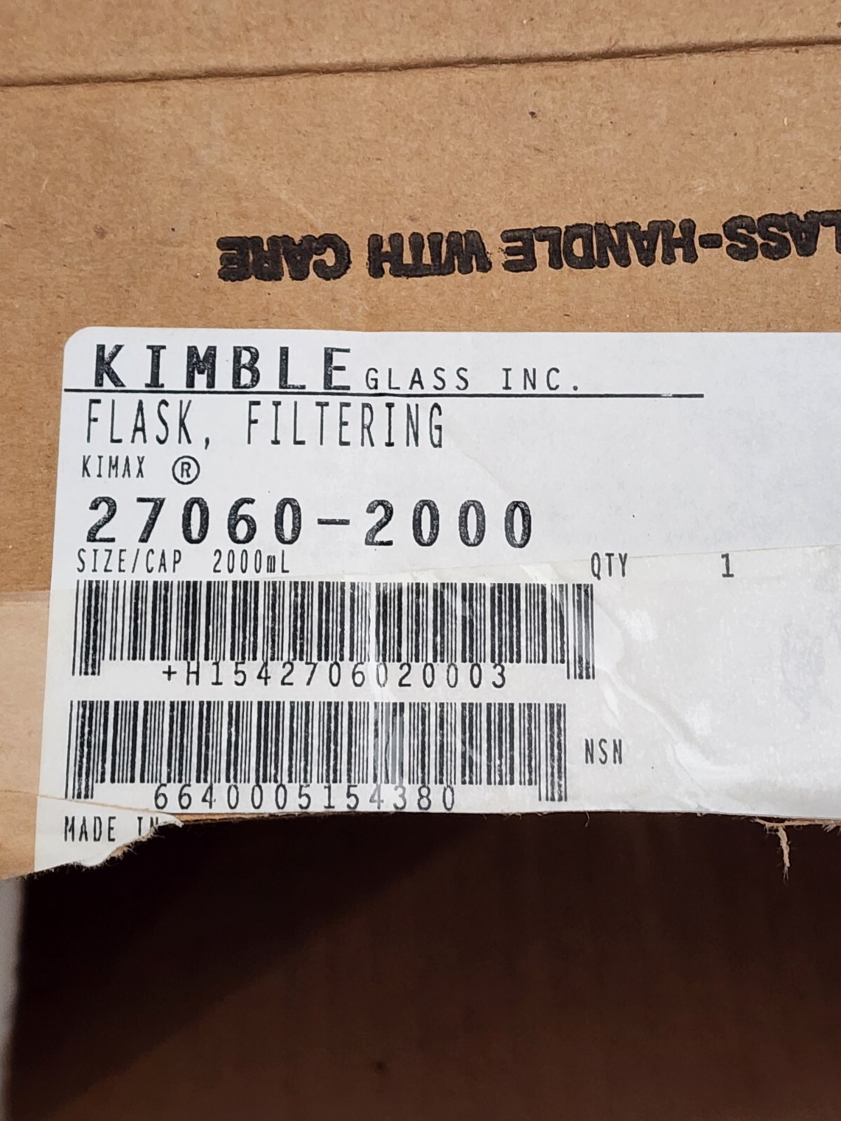 BRAND NEW IN THE BOX KIMAX Kimble 2000mL Filter Flask 27060 Stopper No. 9..BIN2