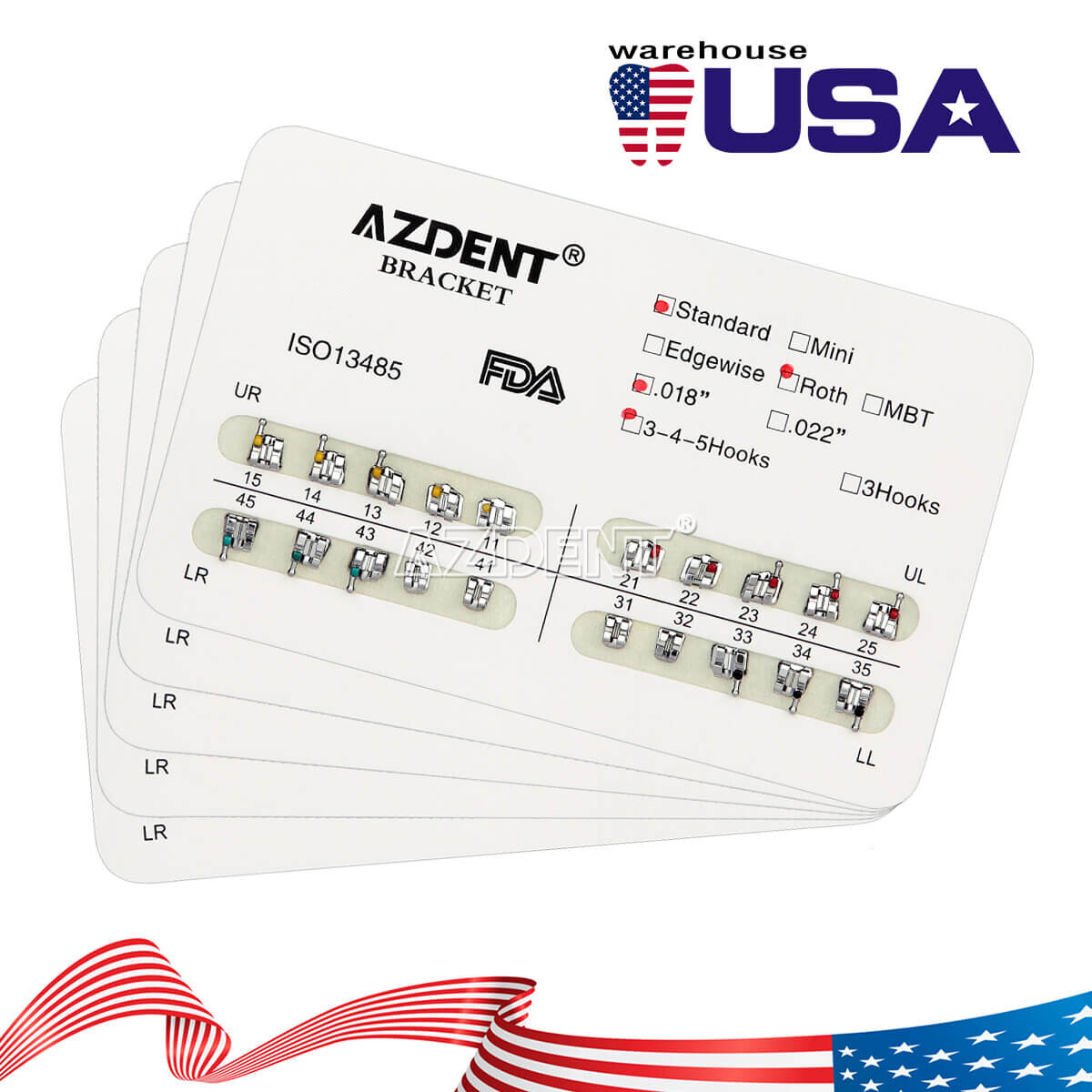 AZDENT Dental Orthodontic Brackets Braces Standard MBT/Roth.022/.018 Hooks 3/345