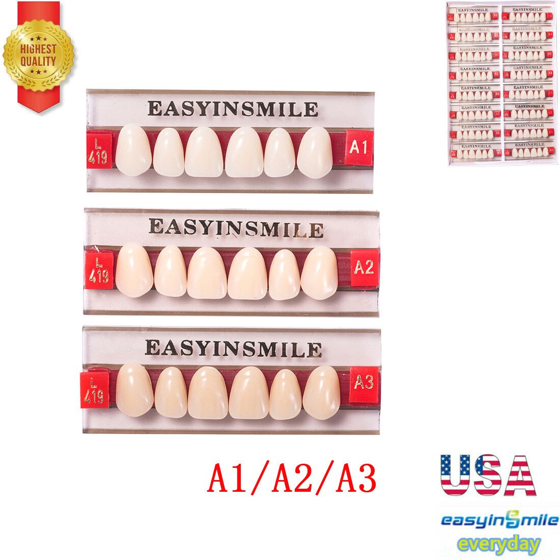 Dental Acrylic Resin Denture False Teeth Upper Lower Full Set A1/A2/A3 Shade USA