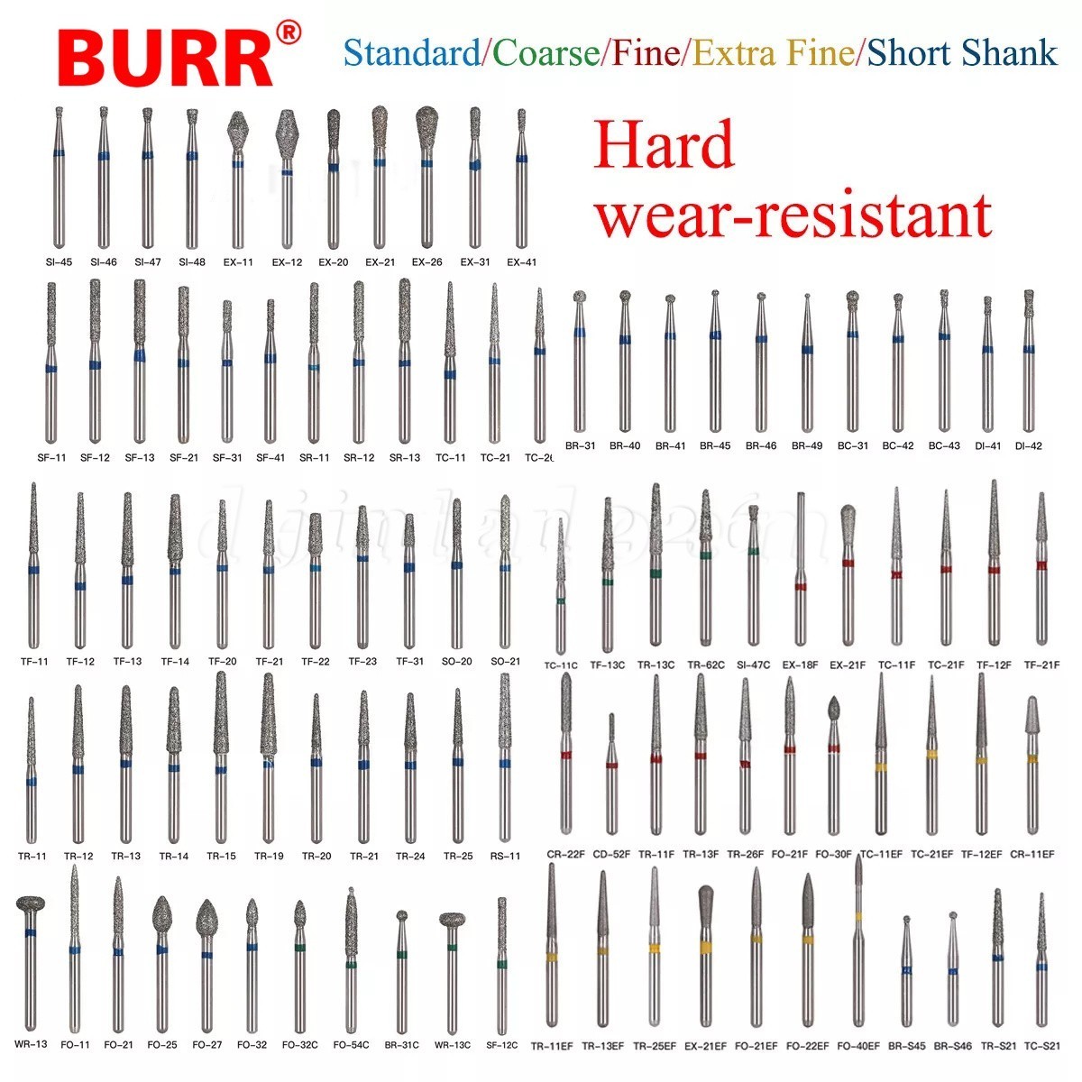 100 Types Dental FG Diamond Burs For High Speed Handpiece Friction Grip CE