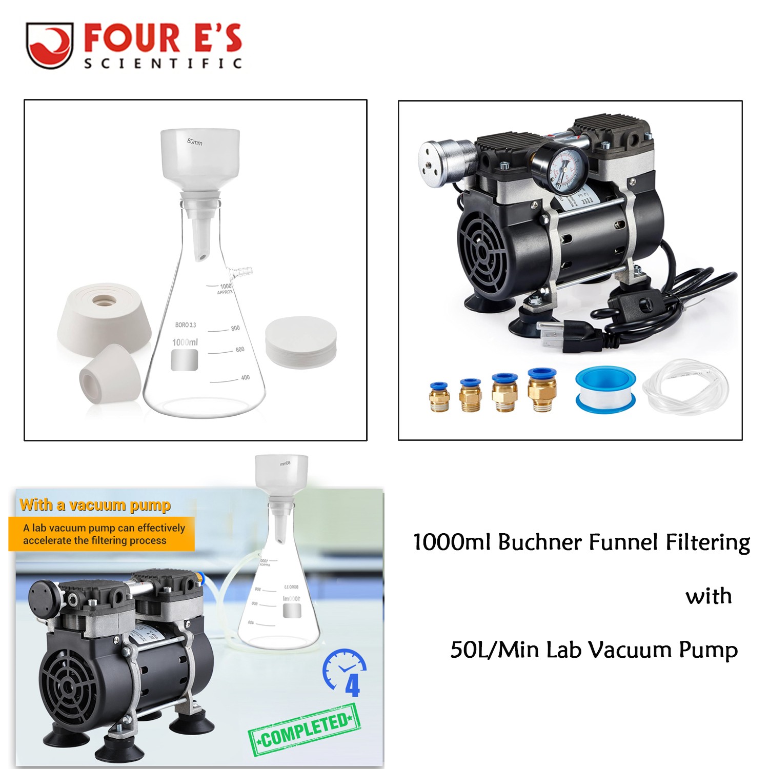 50L/Min Lab Vacuum Pump +1000ml Buchner Funnel Filtering Kit with Flask Funnel