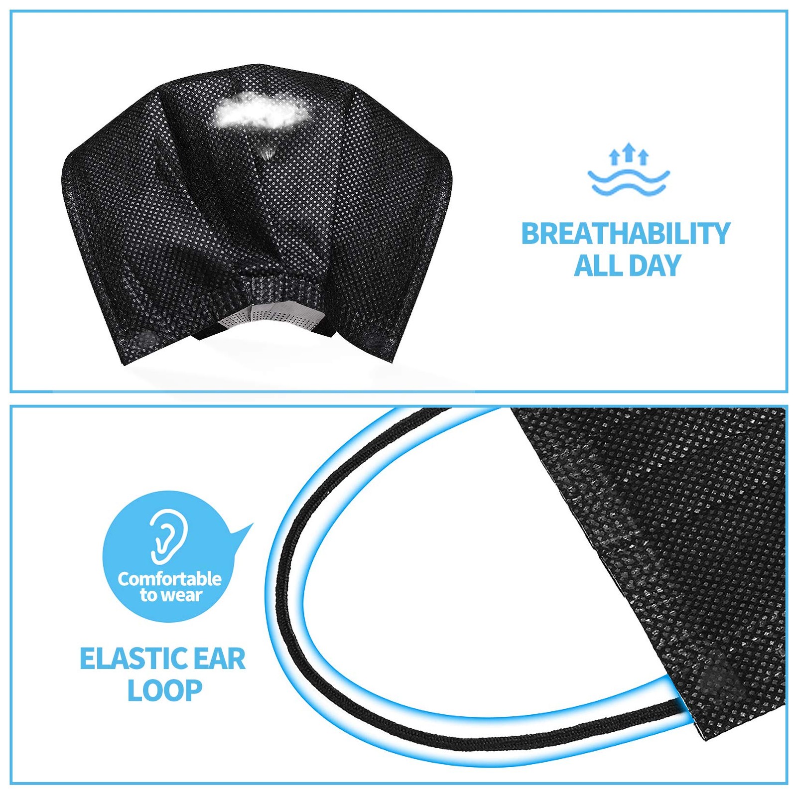 Black Disposable Face Masks 4 Layers Protection 50Pcs, Breathable Dust Mask M…